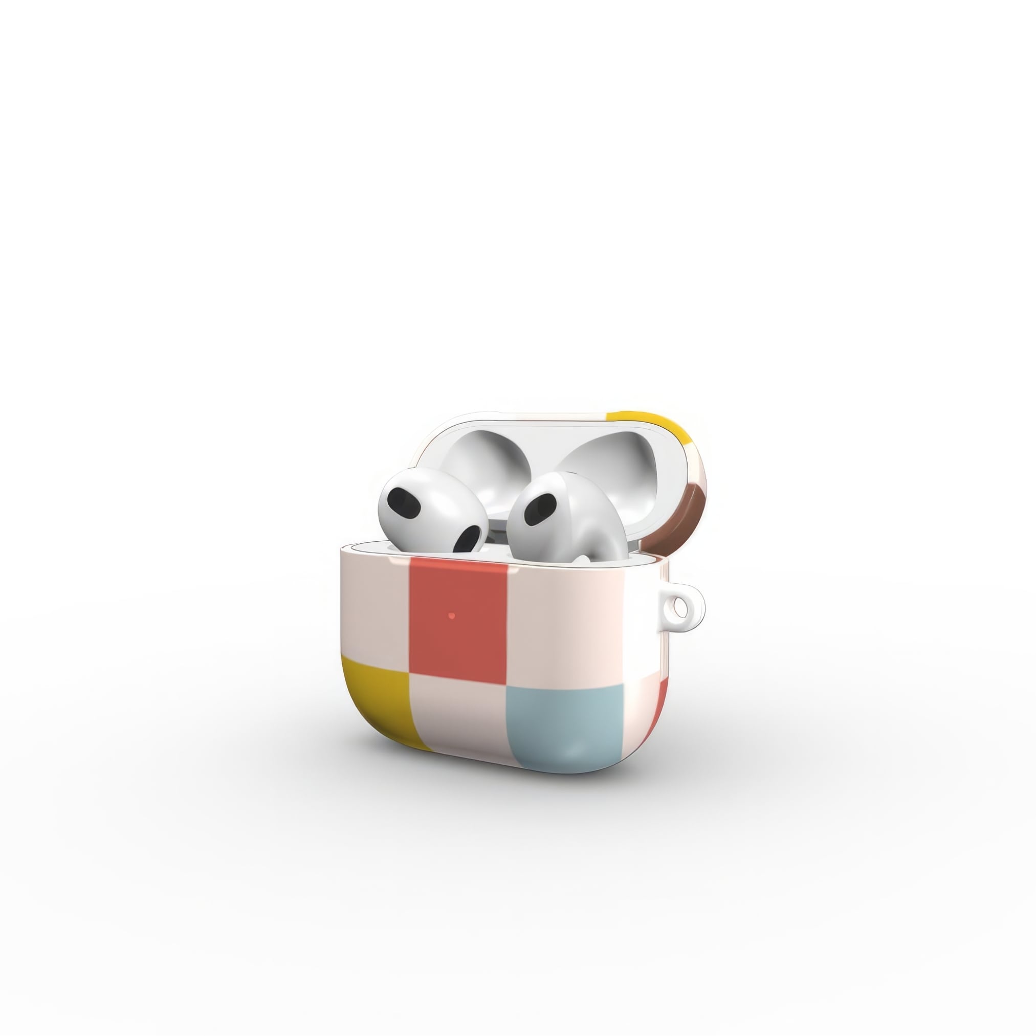 AirPods 3 tough case Pixel Grid Vintage pattern design with a bold color blocks in pixel and stripes modern style, featuring an elegant and expressive aesthetic design. Main colors are pastel with pink, brown, muted red and light sky blue. Open side view.