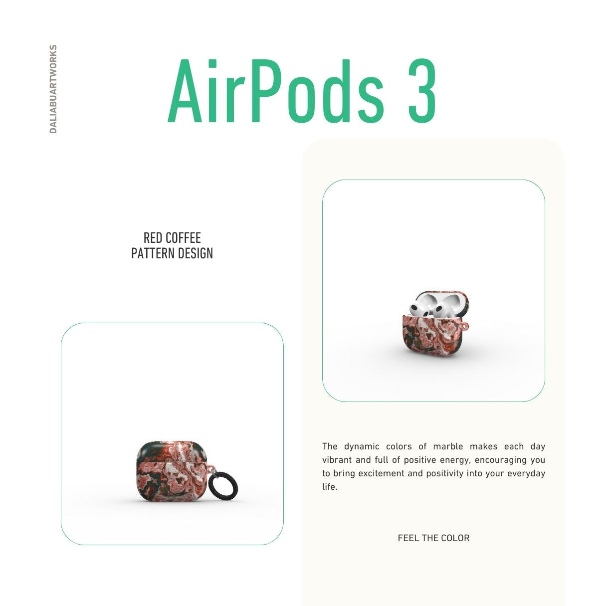 AirPods 3 tough case extend view; Red Coffee pattern, artistic, abstract marble pattern. red and light blue color combination.
