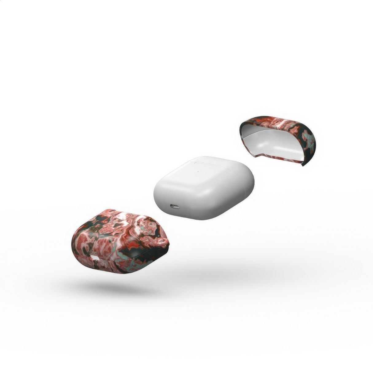 AirPods 3 tough case extend view; Red Coffee pattern, artistic, abstract marble pattern. red and light blue color combination.