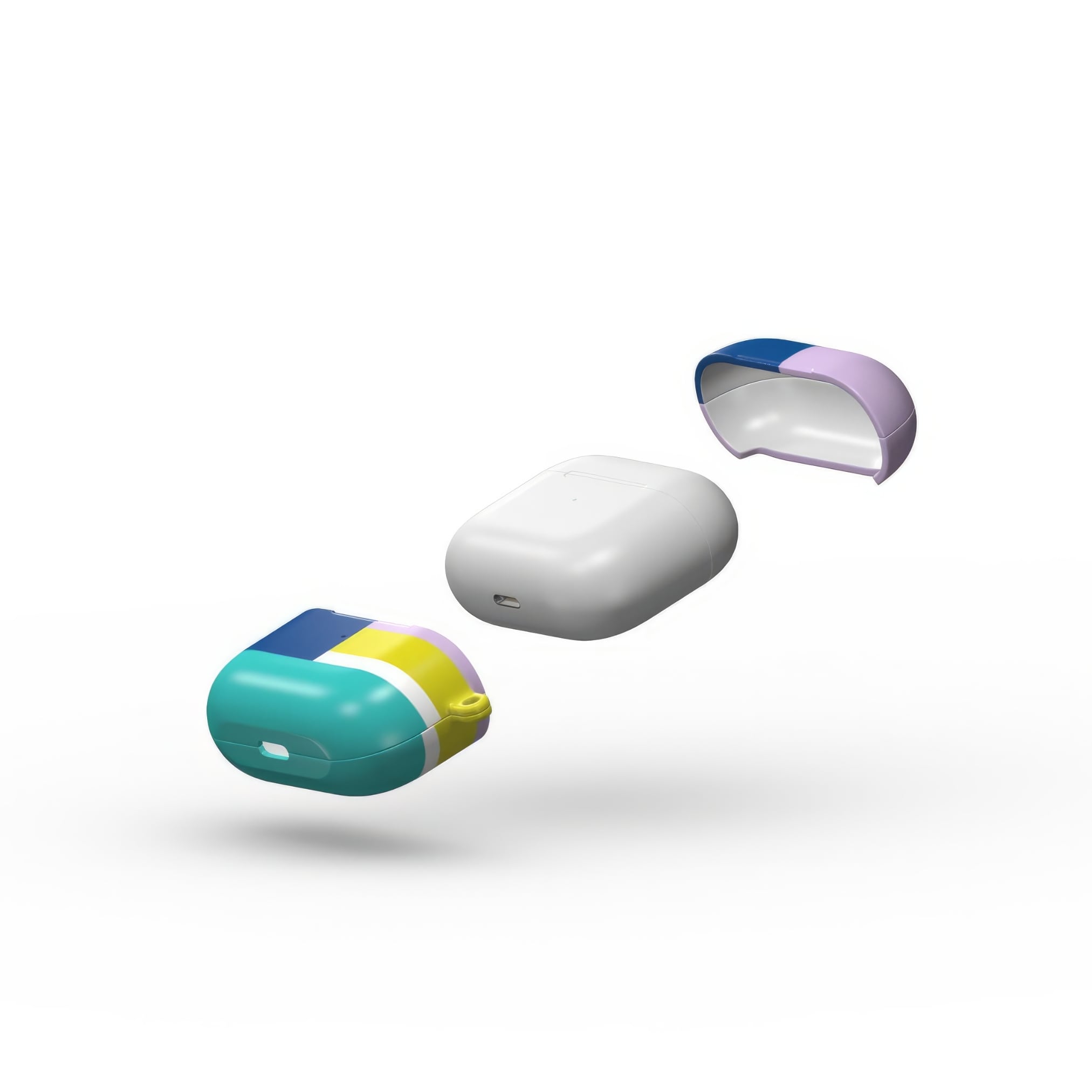 AirPods 3 tough shell case Retro Stripes Teal pattern design with a bold color blocks in vintage, mid century modern style, featuring an elegant and expressive aesthetic design. Main colors are navy blue, teal green, lilac and yellow. Extend view.