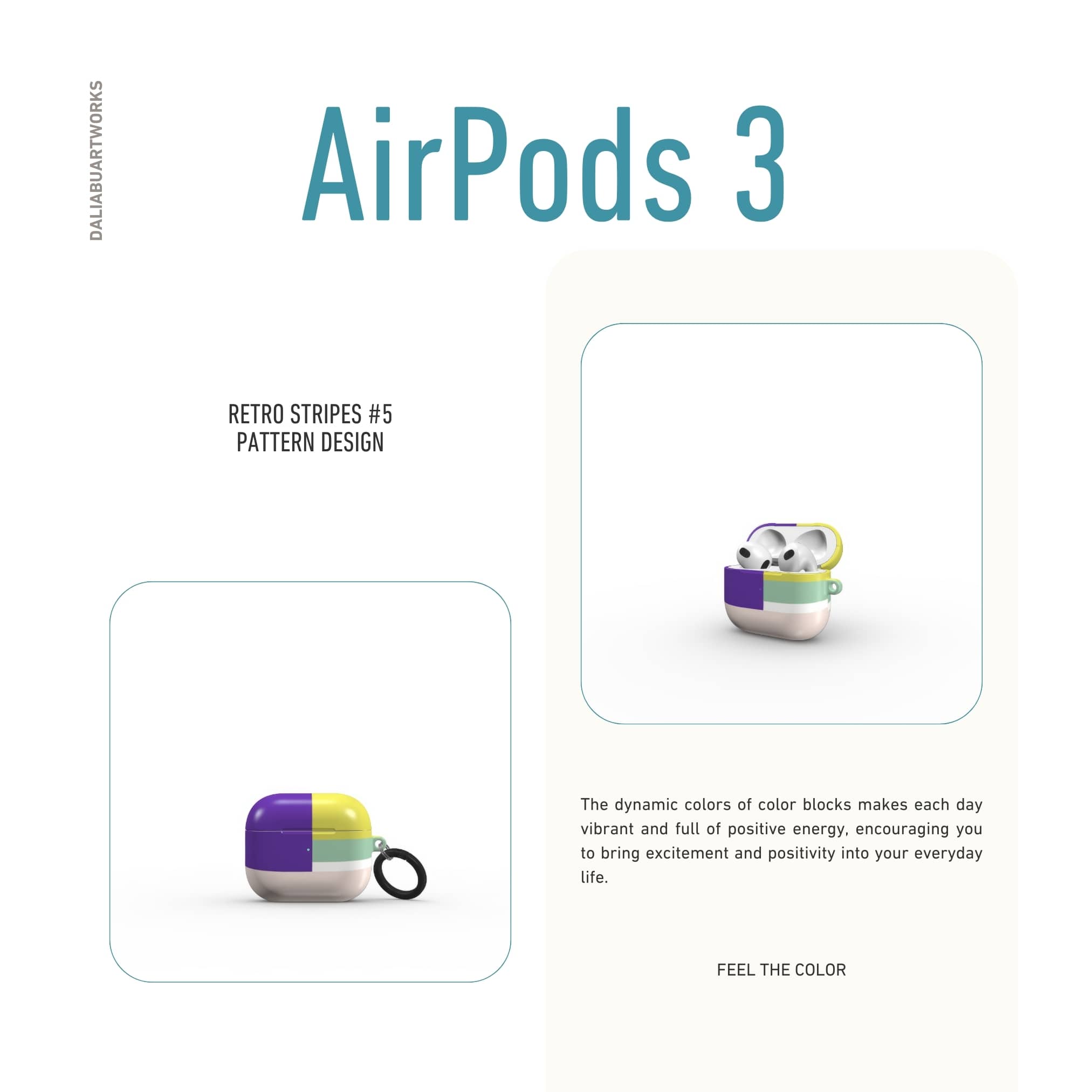 AirPods 3 tough case Retro Stripes Yellow pattern design with a bold color blocks in vintage, mid century modern style, featuring an elegant and expressive aesthetic design. Main colors are mustard yellow, purple and light pink. Front view.