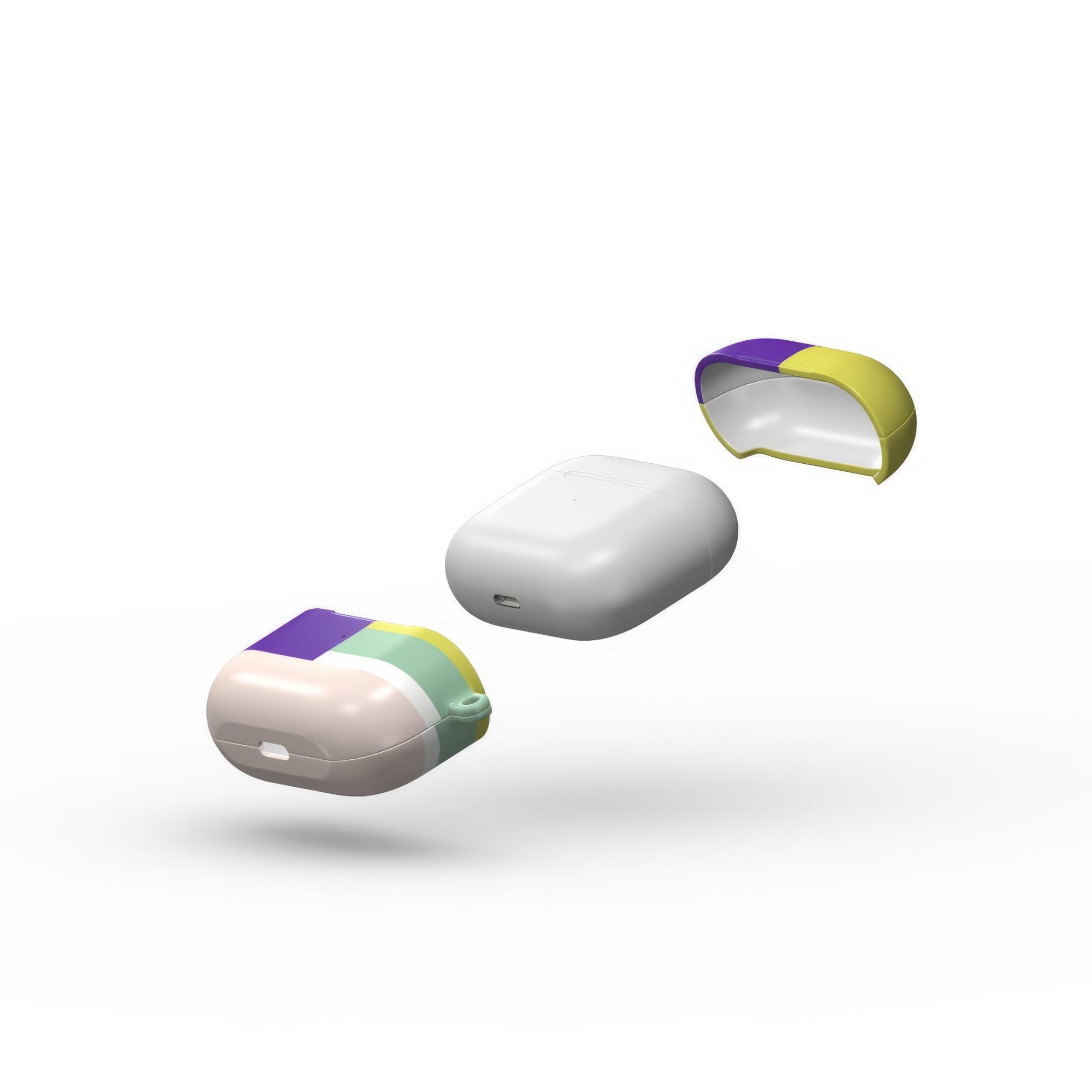 AirPods 3 tough case Retro Stripes Yellow pattern design with a bold color blocks in vintage, mid century modern style, featuring an elegant and expressive aesthetic design. Main colors are mustard yellow, purple and light pink. Extend view.