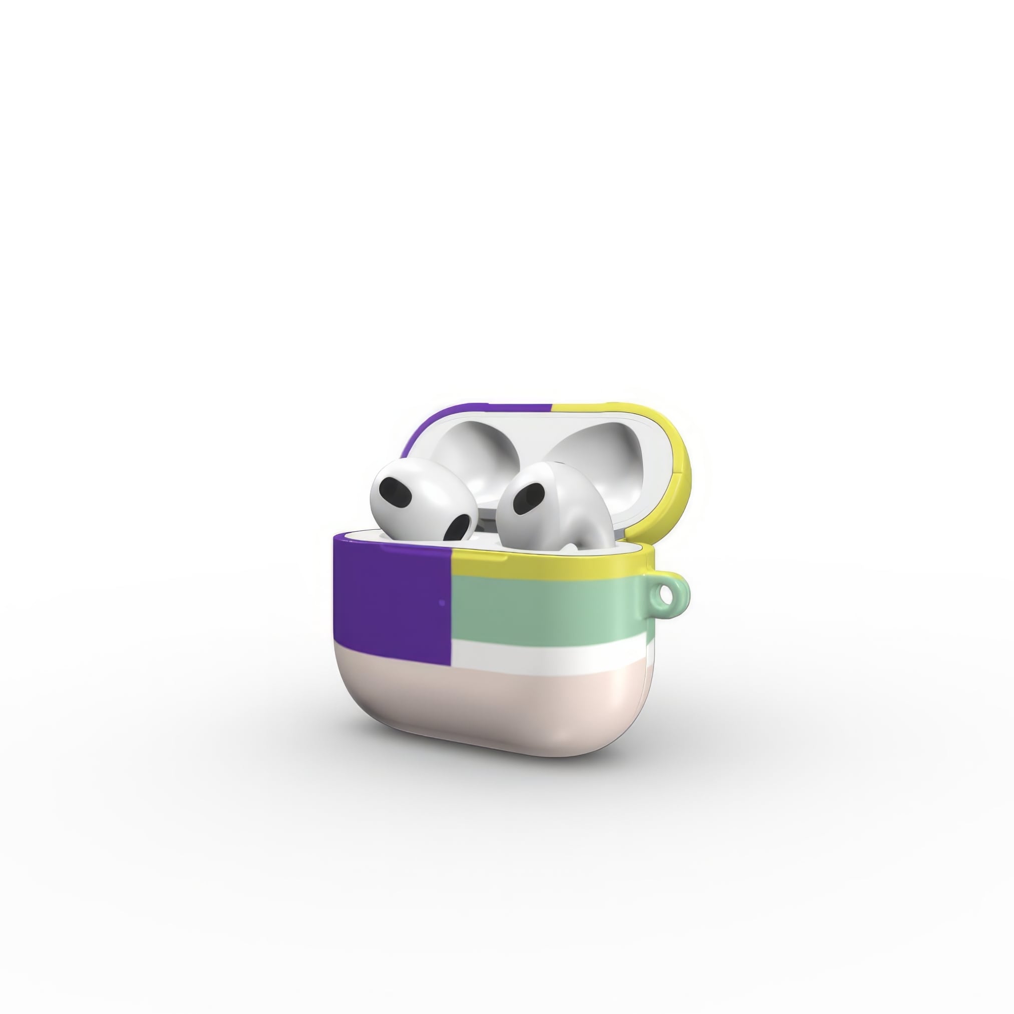 AirPods 3 tough case Retro Stripes Yellow pattern design with a bold color blocks in vintage, mid century modern style, featuring an elegant and expressive aesthetic design. Main colors are mustard yellow, purple and light pink. Open side view.