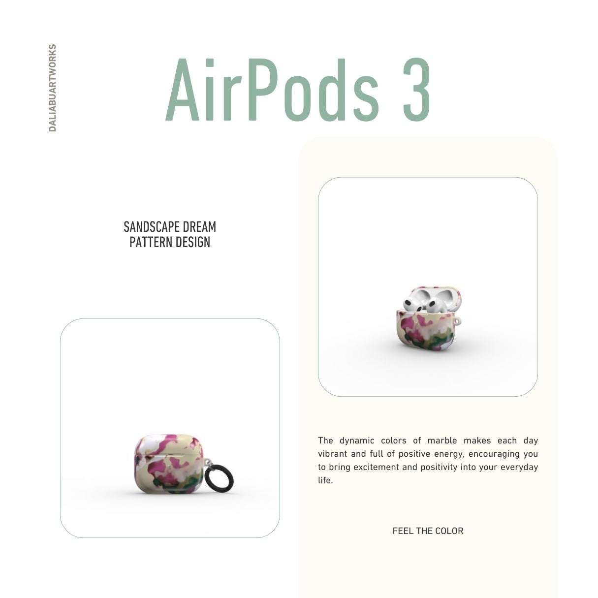 AirPods 3 tough case front view; Sandscape Dream pattern, artistic, abstract marble pattern. Beige and purple color combination.