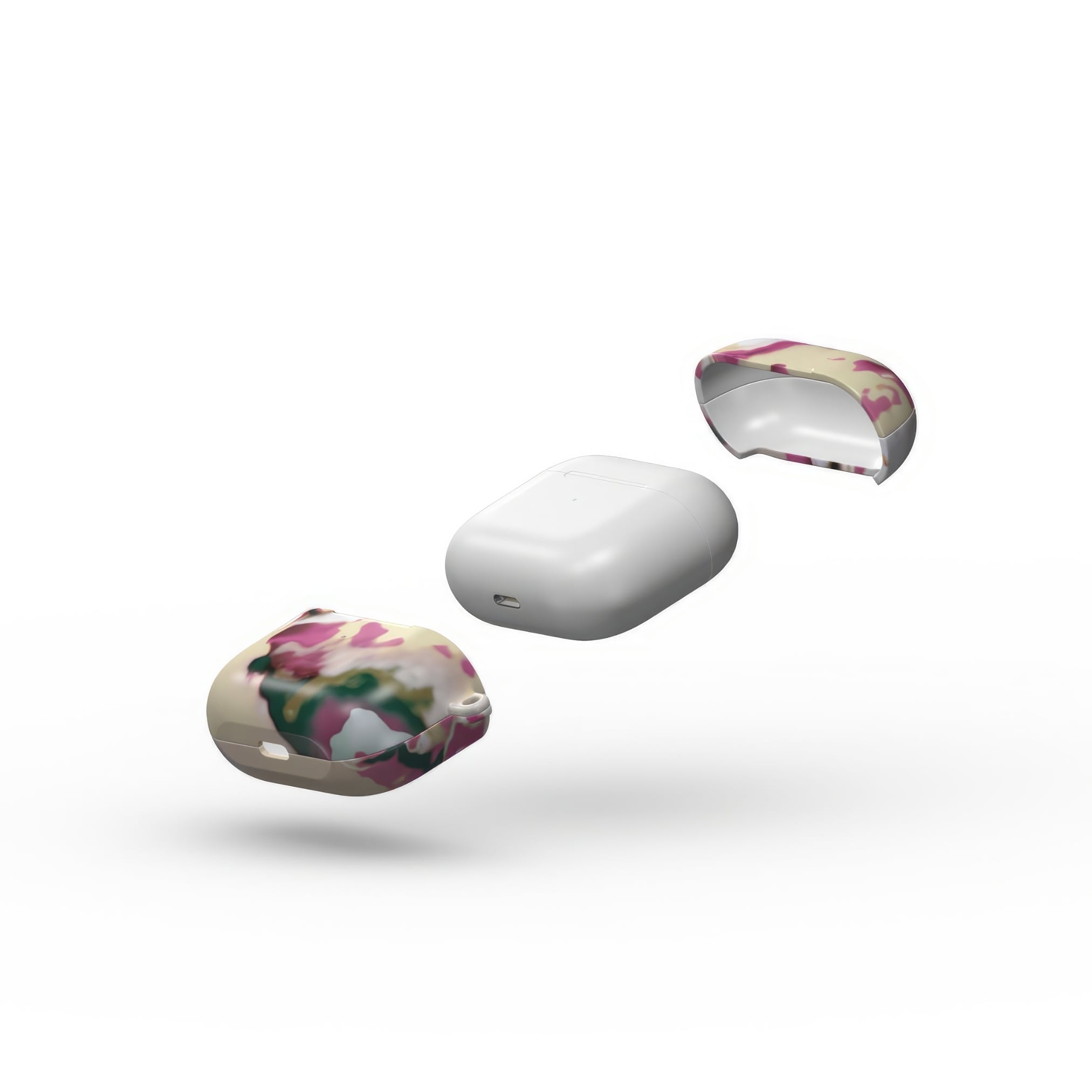 AirPods 3 tough case extend view; Sandscape Dream pattern, artistic, abstract marble pattern. Beige and purple color combination.