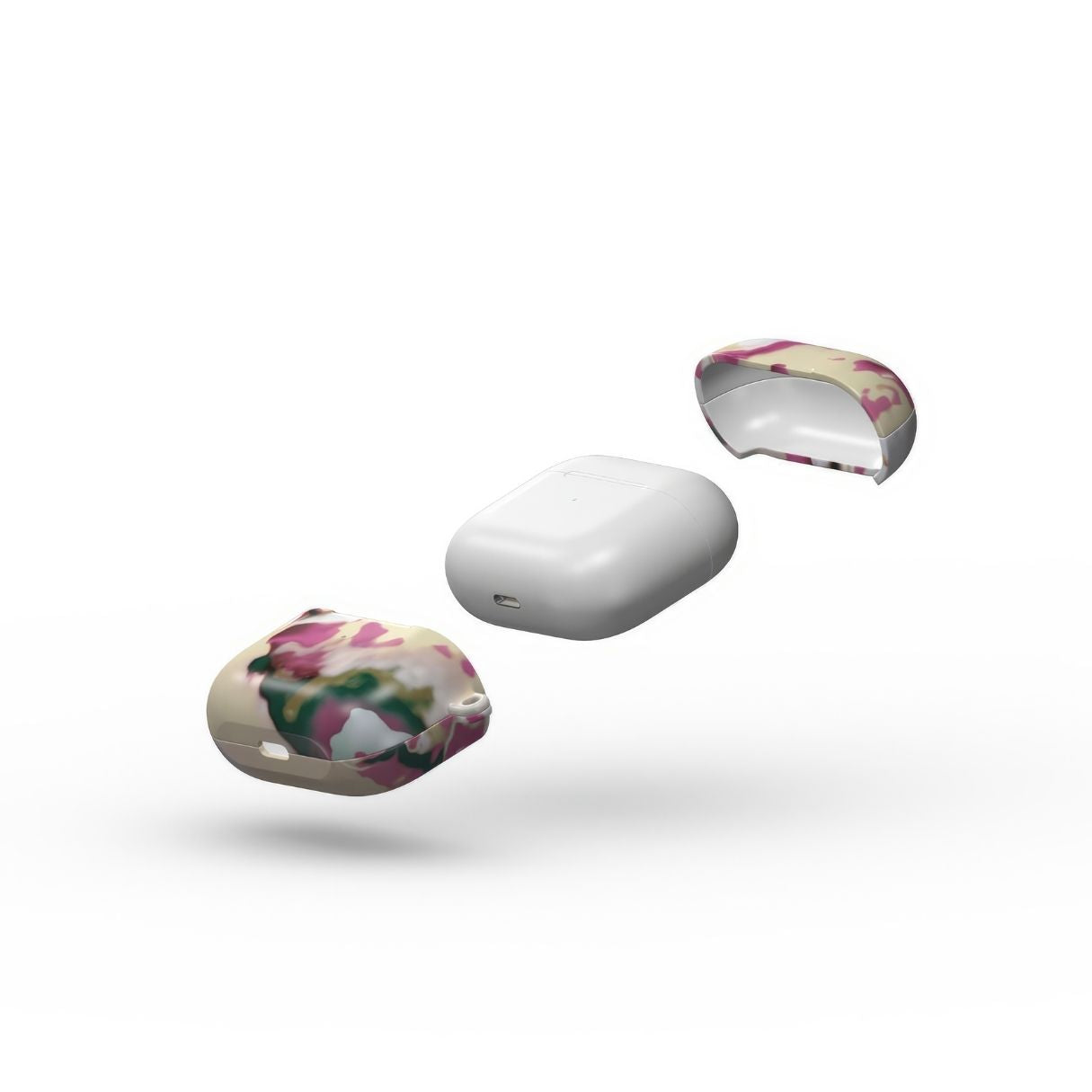 AirPods 3 tough case extend view; Sandscape Dream pattern, artistic, abstract marble pattern. Beige and purple color combination.