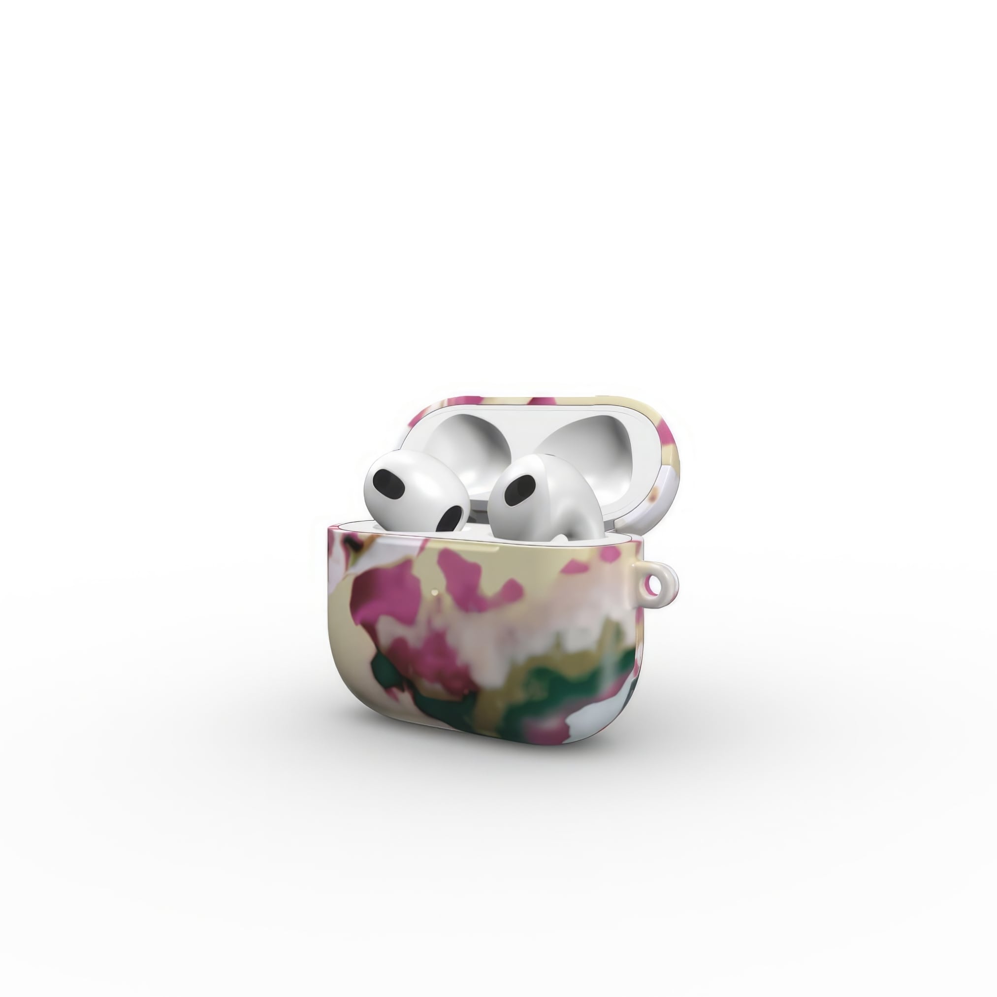 AirPods 3 tough case open side view; Sandscape Dream pattern, artistic, abstract marble pattern. Beige and purple color combination.