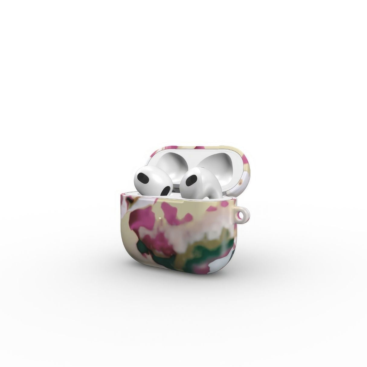 AirPods 3 tough case open side view; Sandscape Dream pattern, artistic, abstract marble pattern. Beige and purple color combination.