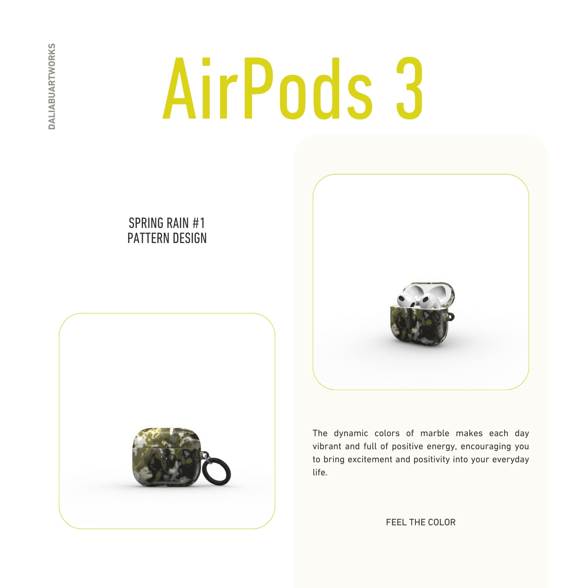 AirPods 3 tough case front view; Spring Rain 1 pattern, artistic, abstract marble pattern. Yellow, black and grey color combination.