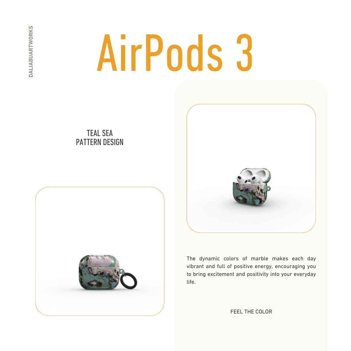 Apple AirPods 3 tough case with a bold vivid pattern in marble abstract and artistic style, featuring an elegant and expressive aesthetic design. Main colors are teal blue and light lilac. Description.