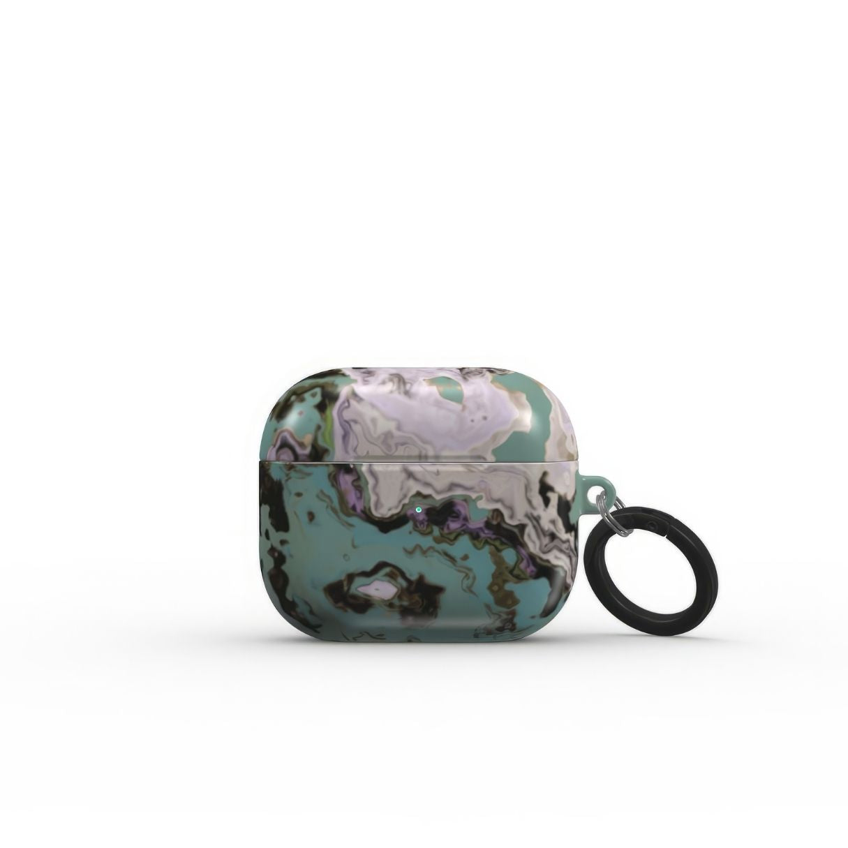 Apple AirPods 3 tough case with a bold vivid pattern in marble abstract and artistic style, featuring an elegant and expressive aesthetic design. Main colors are teal blue and light lilac. Front closed view.