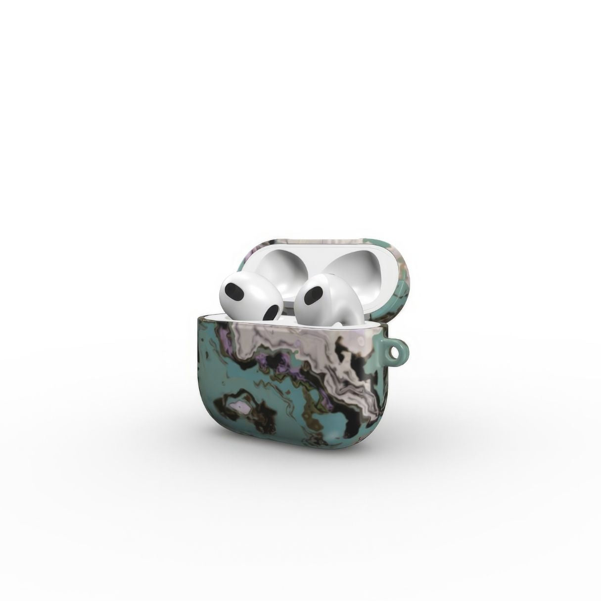 Apple AirPods 3 tough case with a bold vivid pattern in marble abstract and artistic style, featuring an elegant and expressive aesthetic design. Main colors are teal blue and light lilac. Side open view.