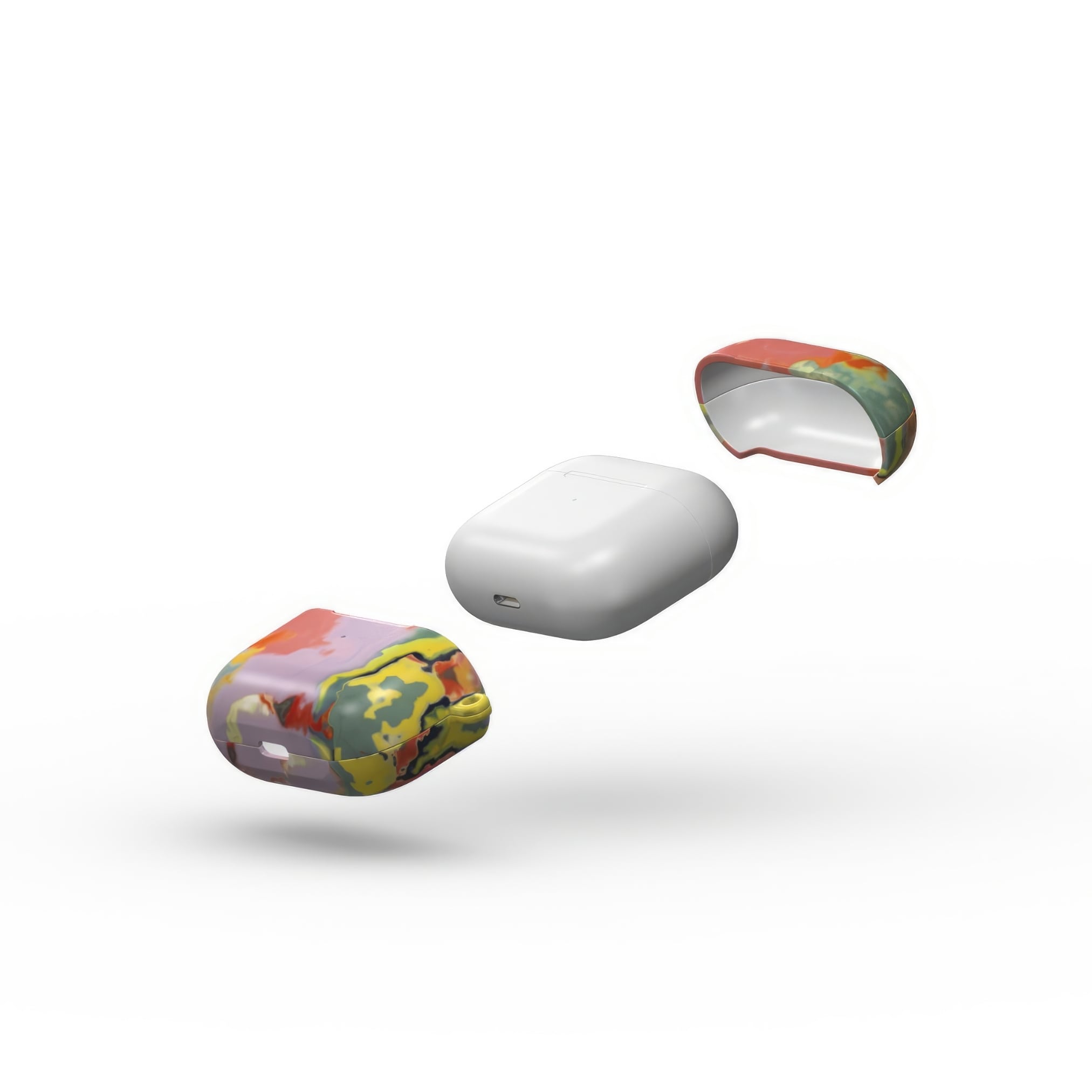 AirPods 3 case extend view; Tropical 2 pattern, artistic, abstract marble pattern. Orange and green color combination.