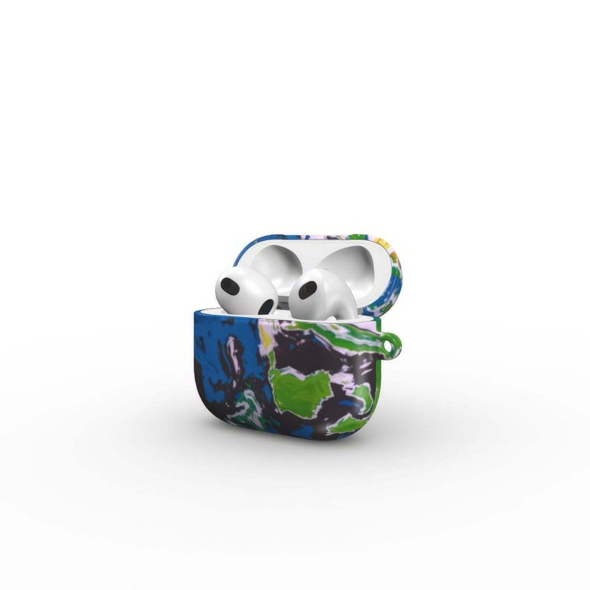 AirPods 3 case with a bold vivid pattern in marble abstract and artistic style, featuring an elegant and expressive aesthetic design. Main colors are blue, green and yellow with slight orange. Open side view.