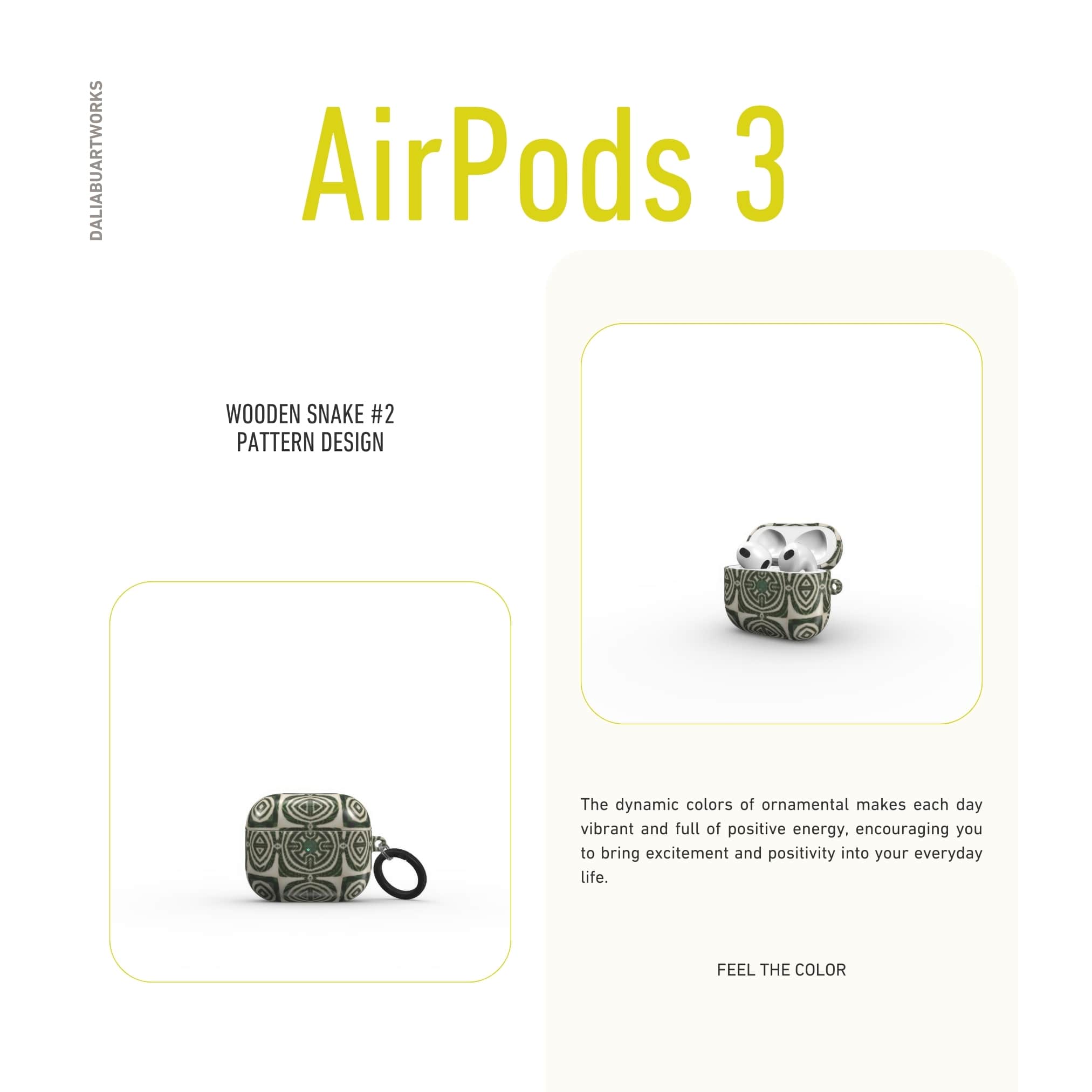 AirPods 3 case front view; wooden snake 2 pattern, ornamental pattern; kaleidoscope pattern imagination. Brown color.