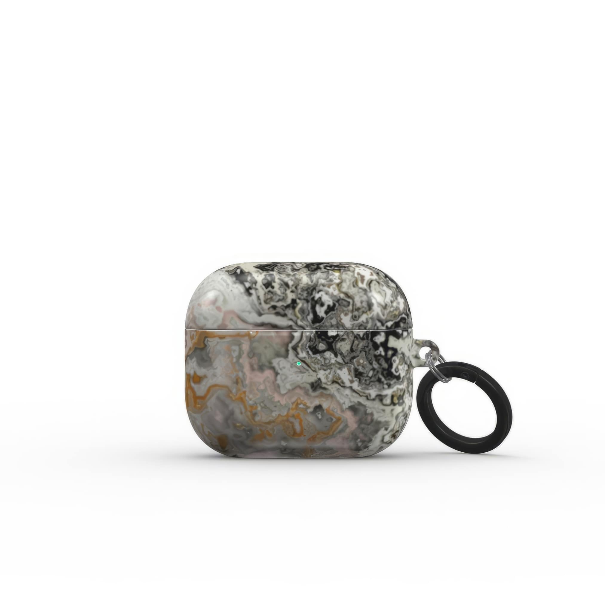 AirPods 3 case front view; full moon 1 pattern, marble pattern; moon surface imagination. Bold expressive aesthetic design. Colorful and interior fit. Elegant.