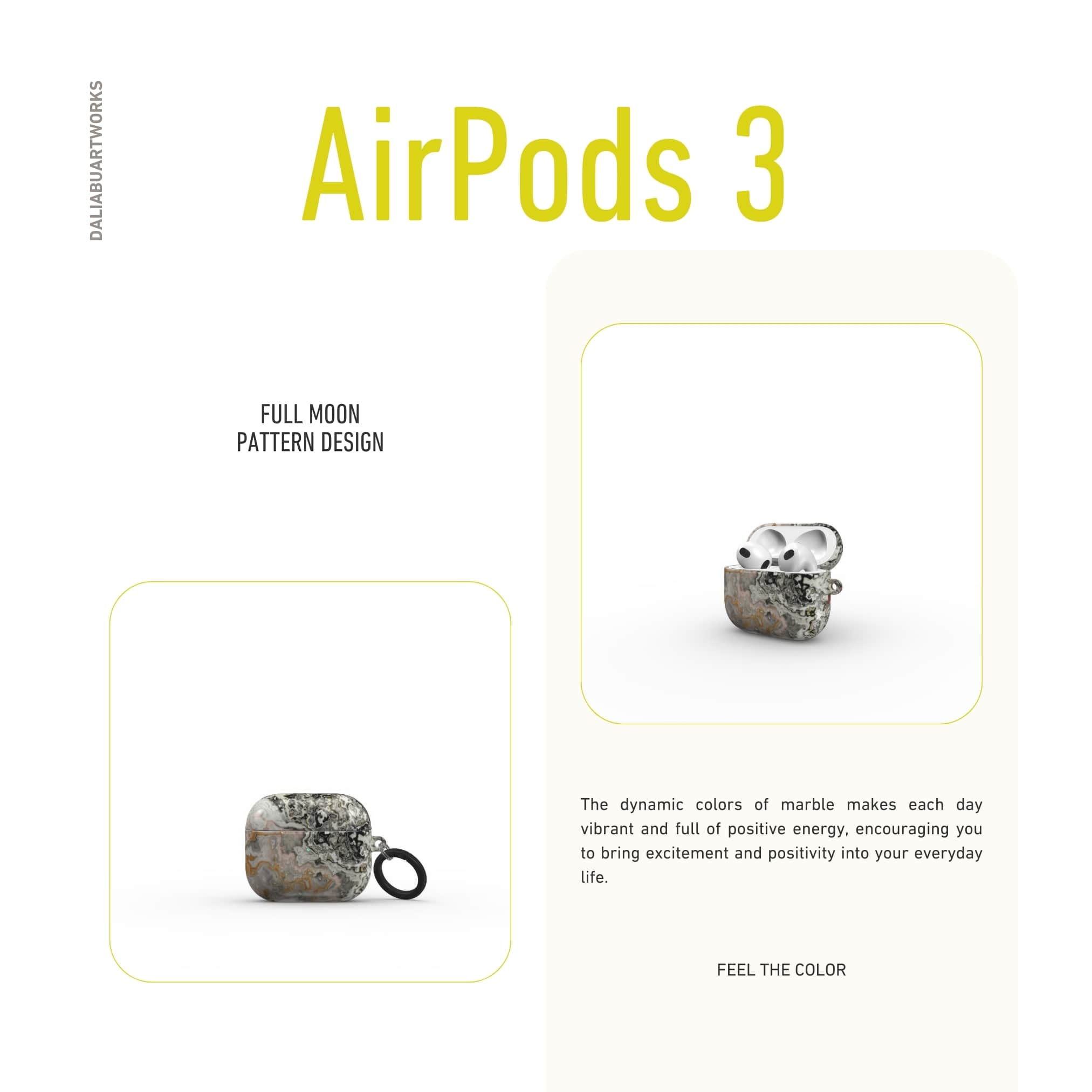 AirPods 3 case front view; Full Moon pattern, marble pattern; moon surface imagination. Bold expressive aesthetic design. Colorful and interior fit. Elegant.