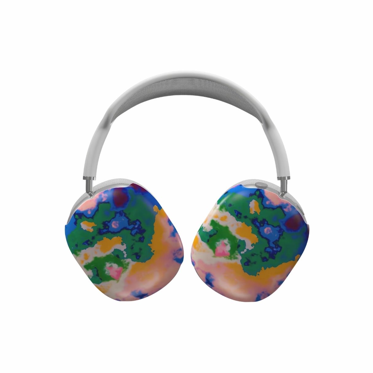 Tough AirPods Max case front view; Brazil pattern, artistic, abstract marble pattern. Green, blue and orange color combination.