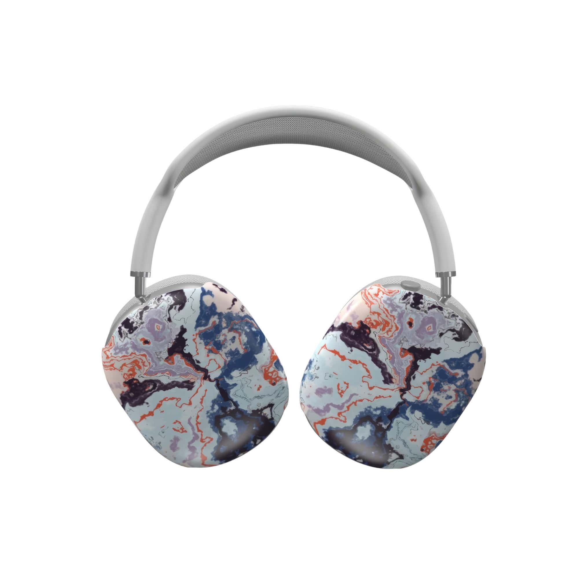 Tough AirPods Max case front view; blue marble 1 pattern, artistic, abstract marble pattern. Mix color combination. Bold expressive aesthetic design. Colorful and interior fit. Elegant.