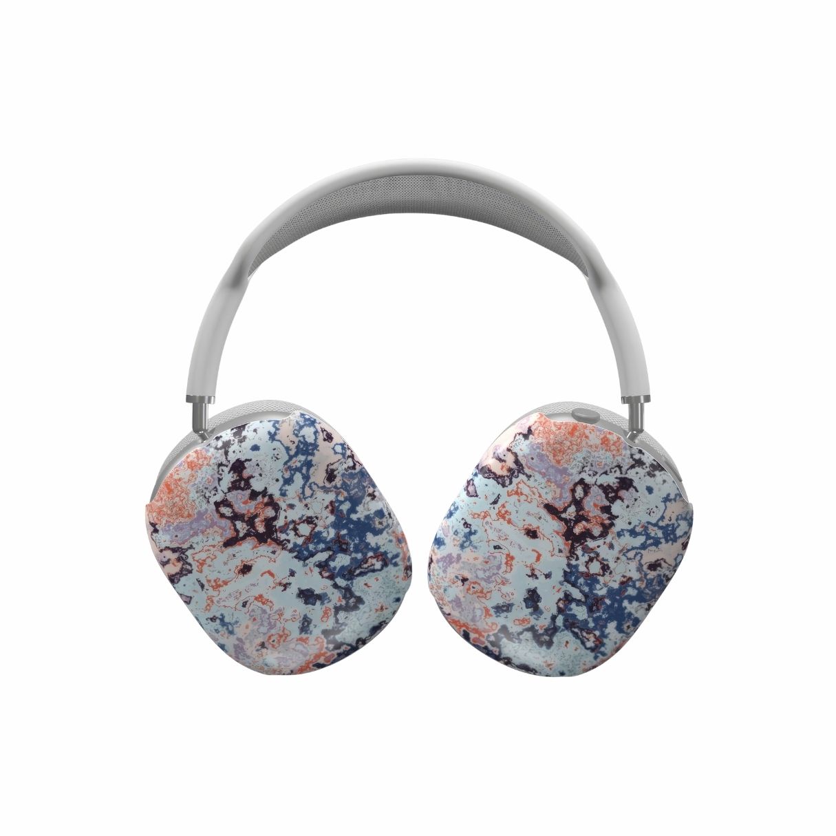 Tough AirPods Max case front view; Blue Marble Mist pattern, artistic, abstract marble pattern. Mix color combination. Bold expressive aesthetic design. Colorful and interior fit. Elegant.