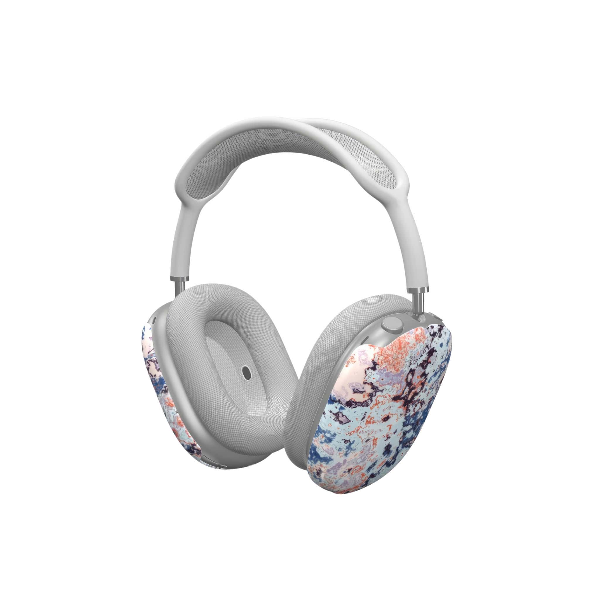 Tough AirPods Max case side view; Blue Marble Mist pattern, artistic, abstract marble pattern. Mix color combination.