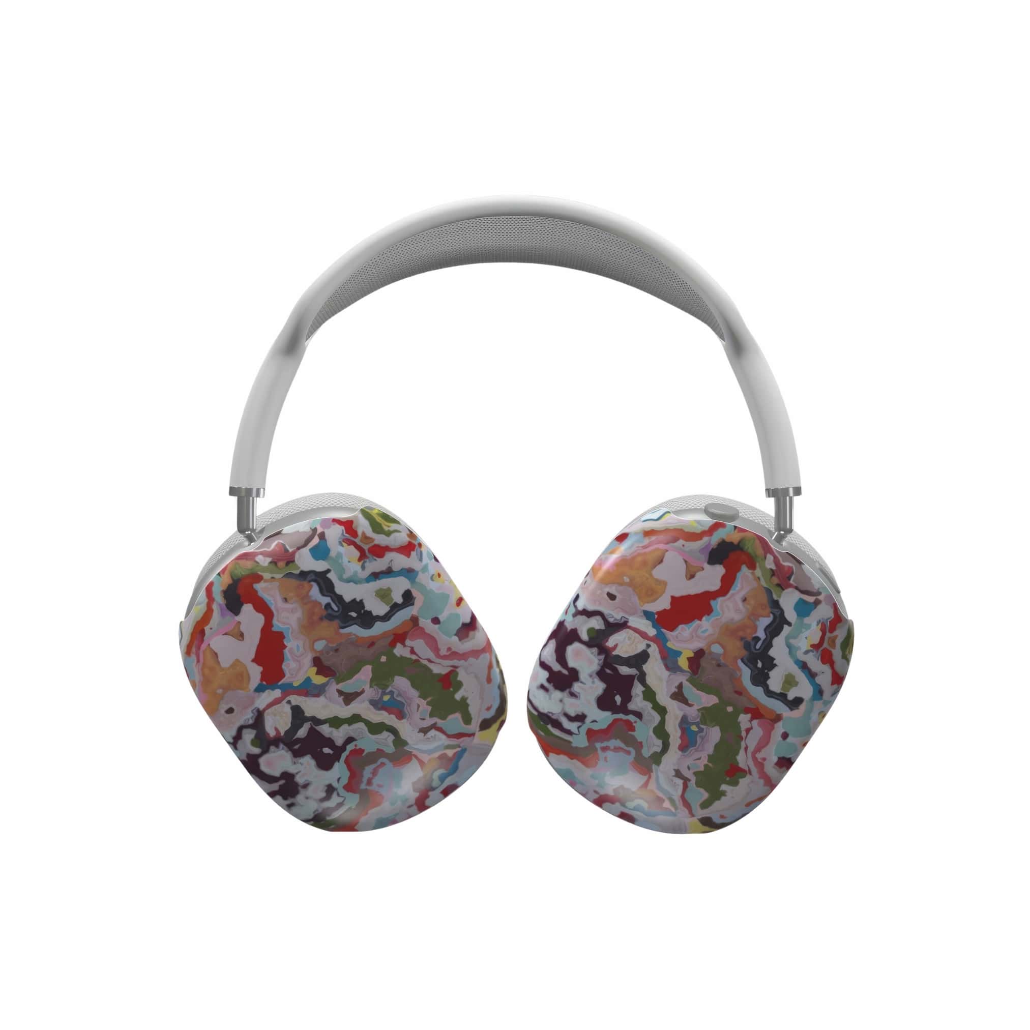 Tough AirPods Max case front view; bold sprinkles pattern, artistic, abstract marble pattern. Mix color combination. Bold expressive aesthetic design. Colorful and interior fit. Elegant.