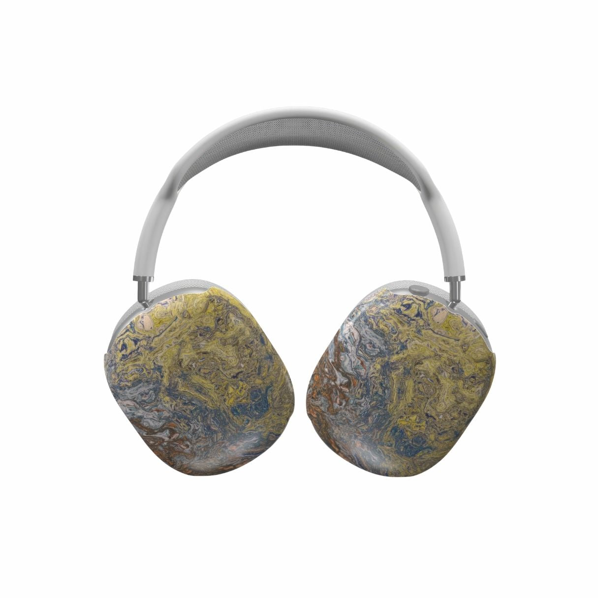 AirPods Max case with a calm color pattern Chill Time abstract and artistic style, featuring an elegant and aesthetic design. Main colors are muted yellow, grey and orange, brown. Front view.