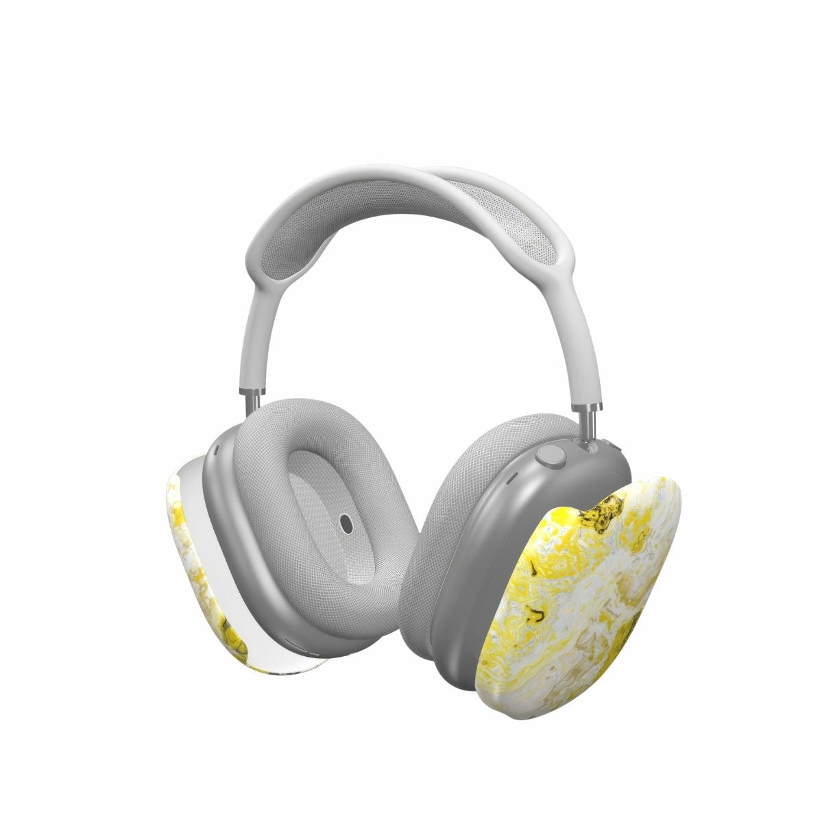 Tough AirPods Max case extend view; Citron pattern, artistic, abstract marble pattern. White and yellow color combination. Bold expressive aesthetic design. Colorful and interior fit. Elegant.