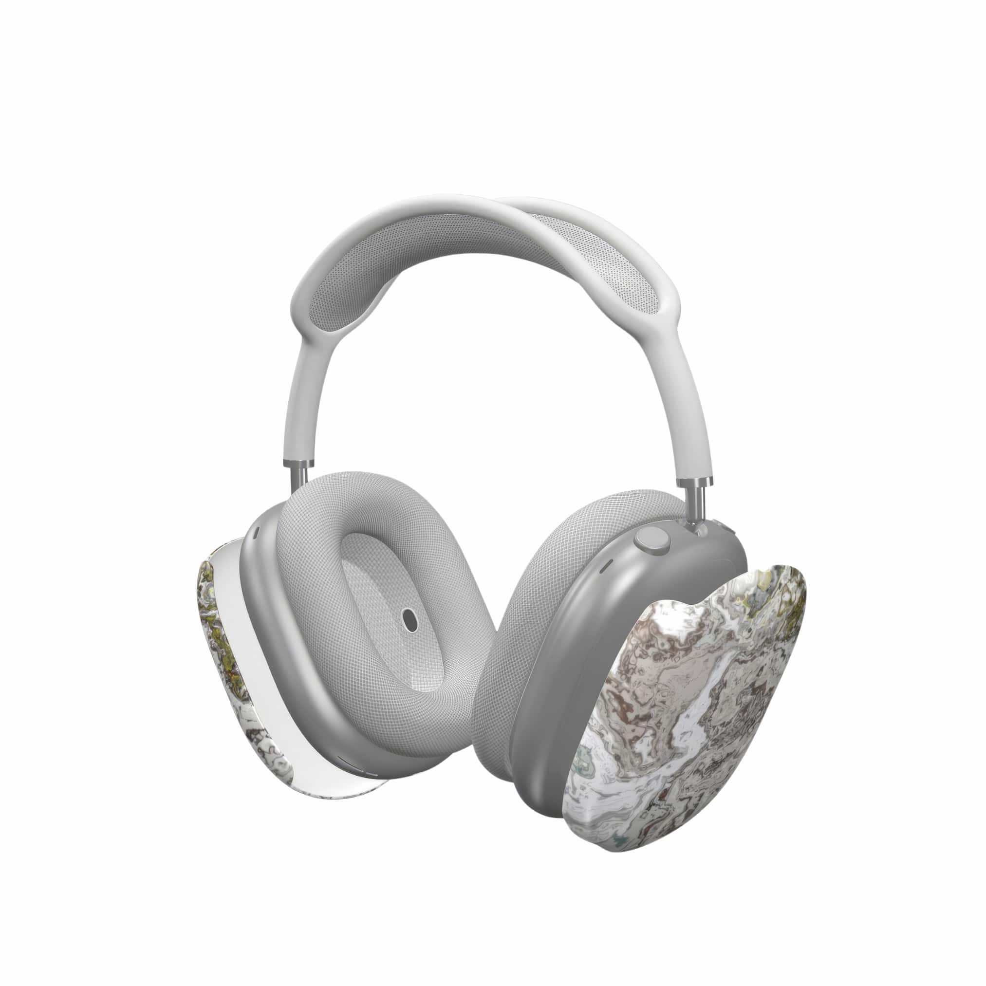 Tough AirPods Max case extend view; classic white marble pattern, artistic, abstract marble pattern. White and grey color combination.