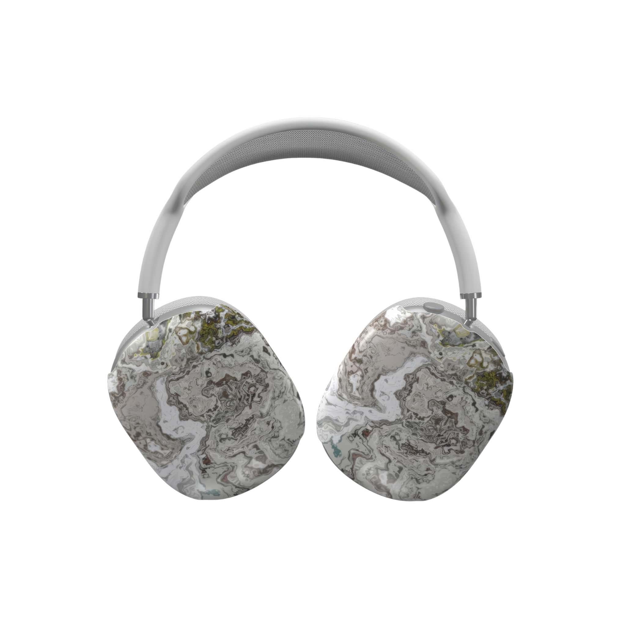 Tough AirPods Max case front view; classic white marble pattern, artistic, abstract marble pattern. White and grey color combination. Bold expressive aesthetic design. Colorful and interior fit. Elegant.