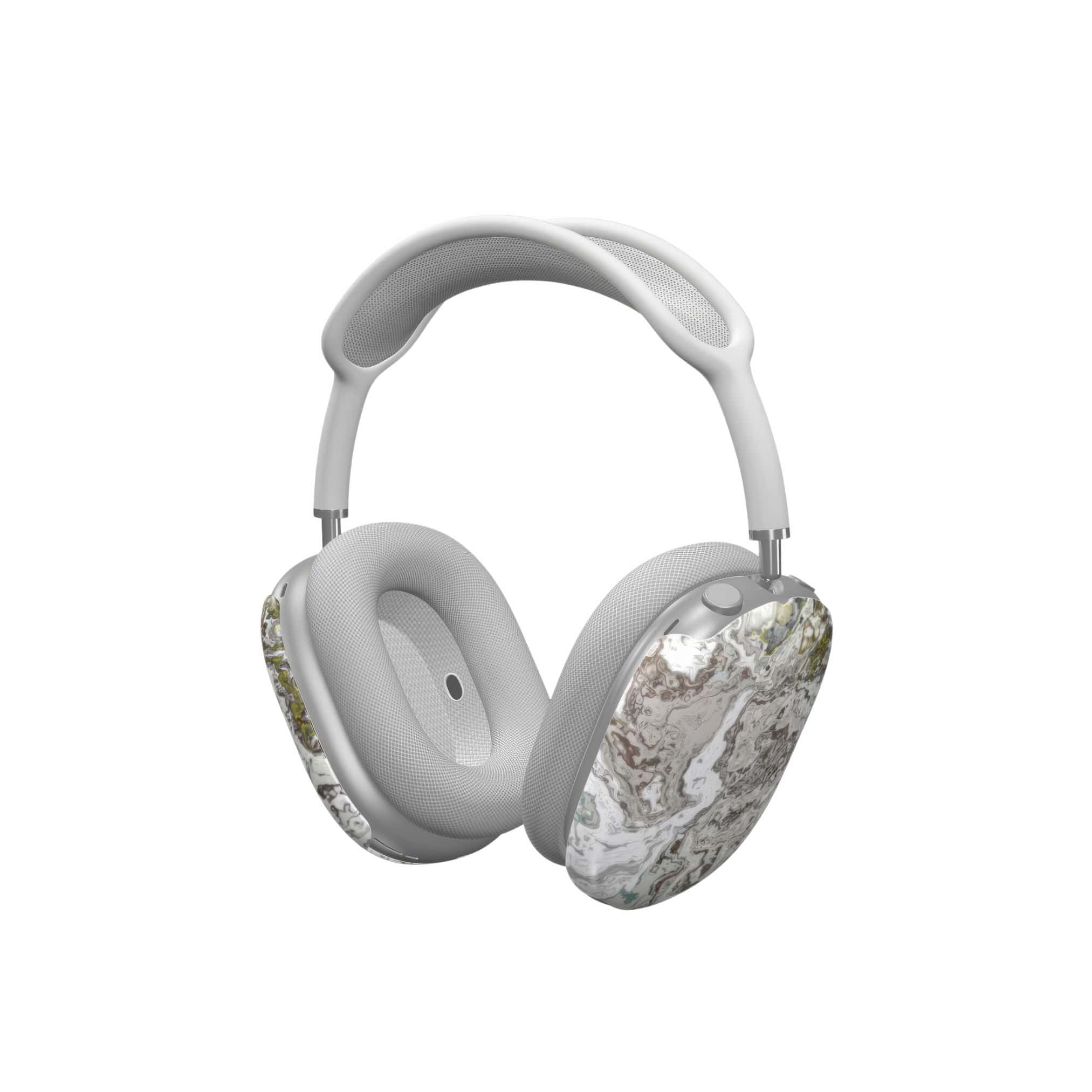 Tough AirPods Max case side view; classic white marble pattern, artistic, abstract marble pattern. White and grey color combination.