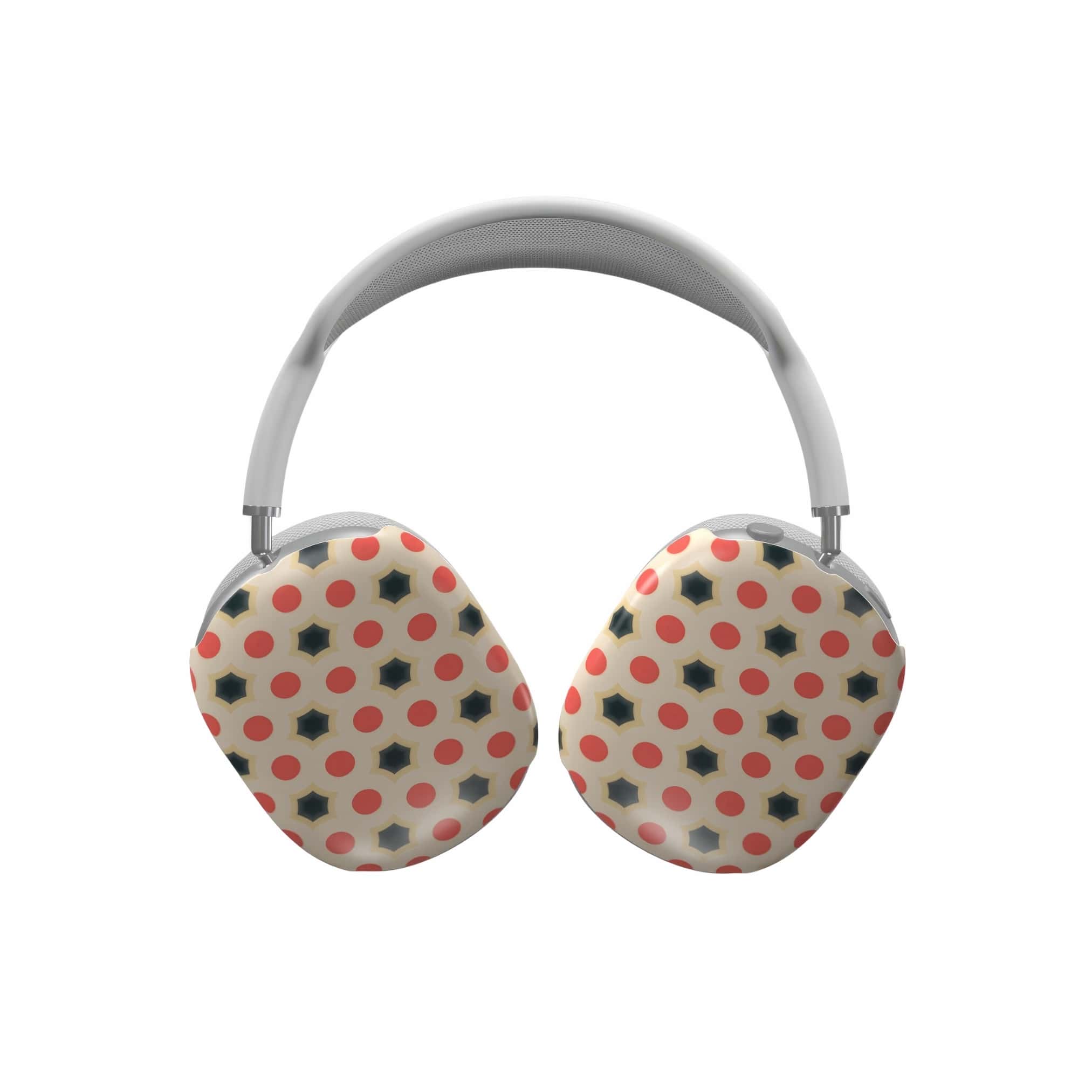 Tough AirPods Max case front view; Clown Add 1 pattern, artistic, ornamental pattern. Red and Beige color combination. Bold expressive aesthetic design. Colorful and interior fit.