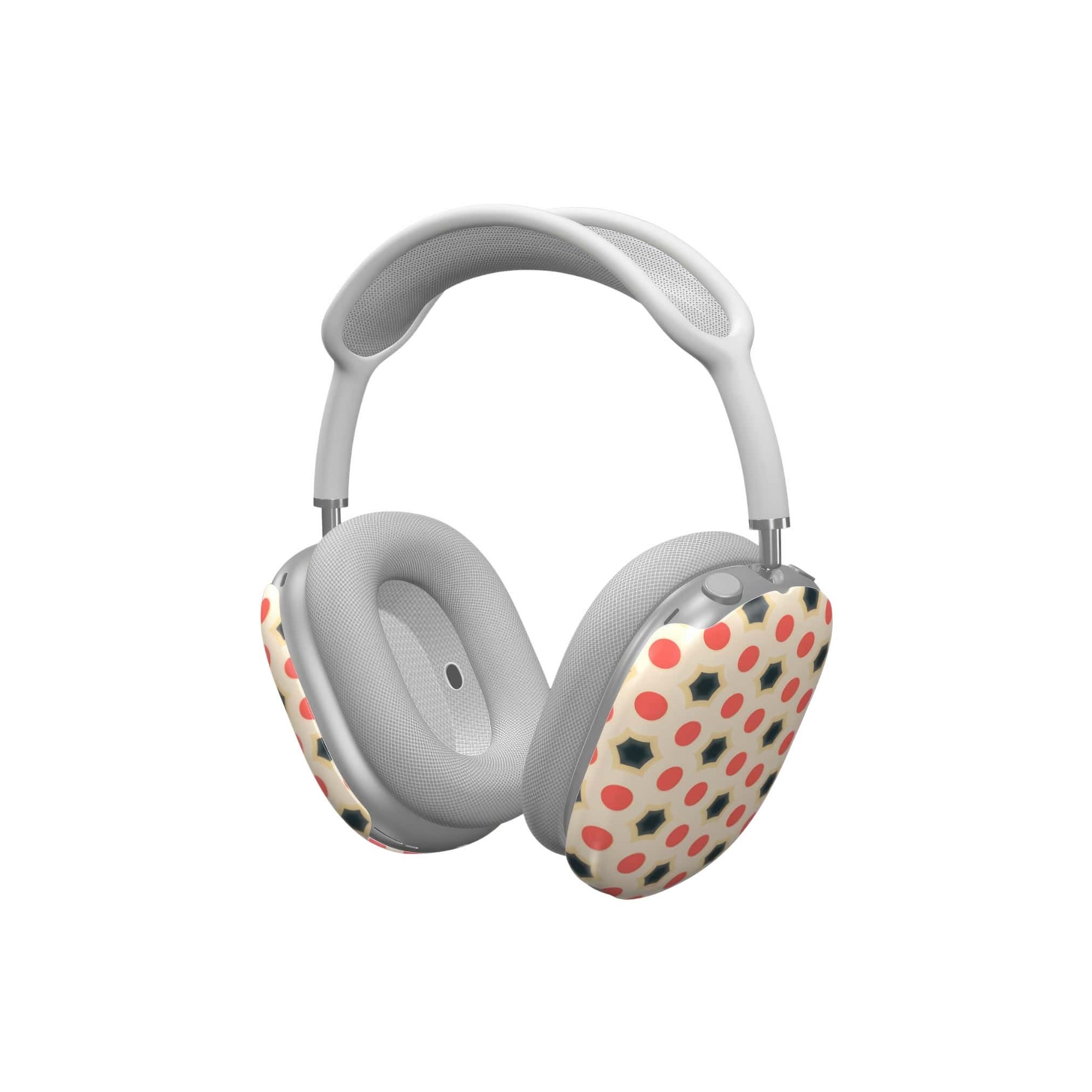 Tough AirPods Max case side view; Clown Add 1 pattern, artistic, ornamental pattern. Red and Beige color combination.
