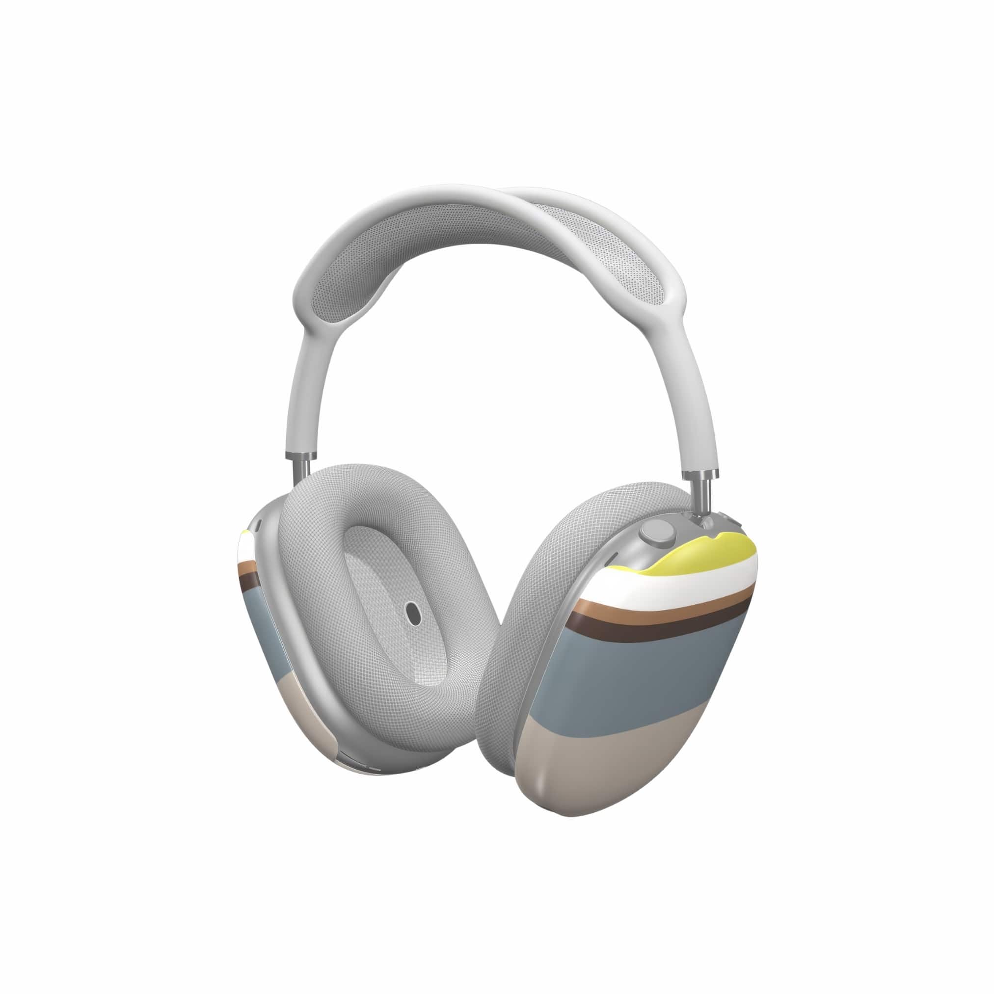 AirPods Max tough case Color Blocks Grey pattern design with a color blocks, featuring an elegant and expressive aesthetic design. Main colors are caramel, chocolate brown, yellow and gray. Side view.