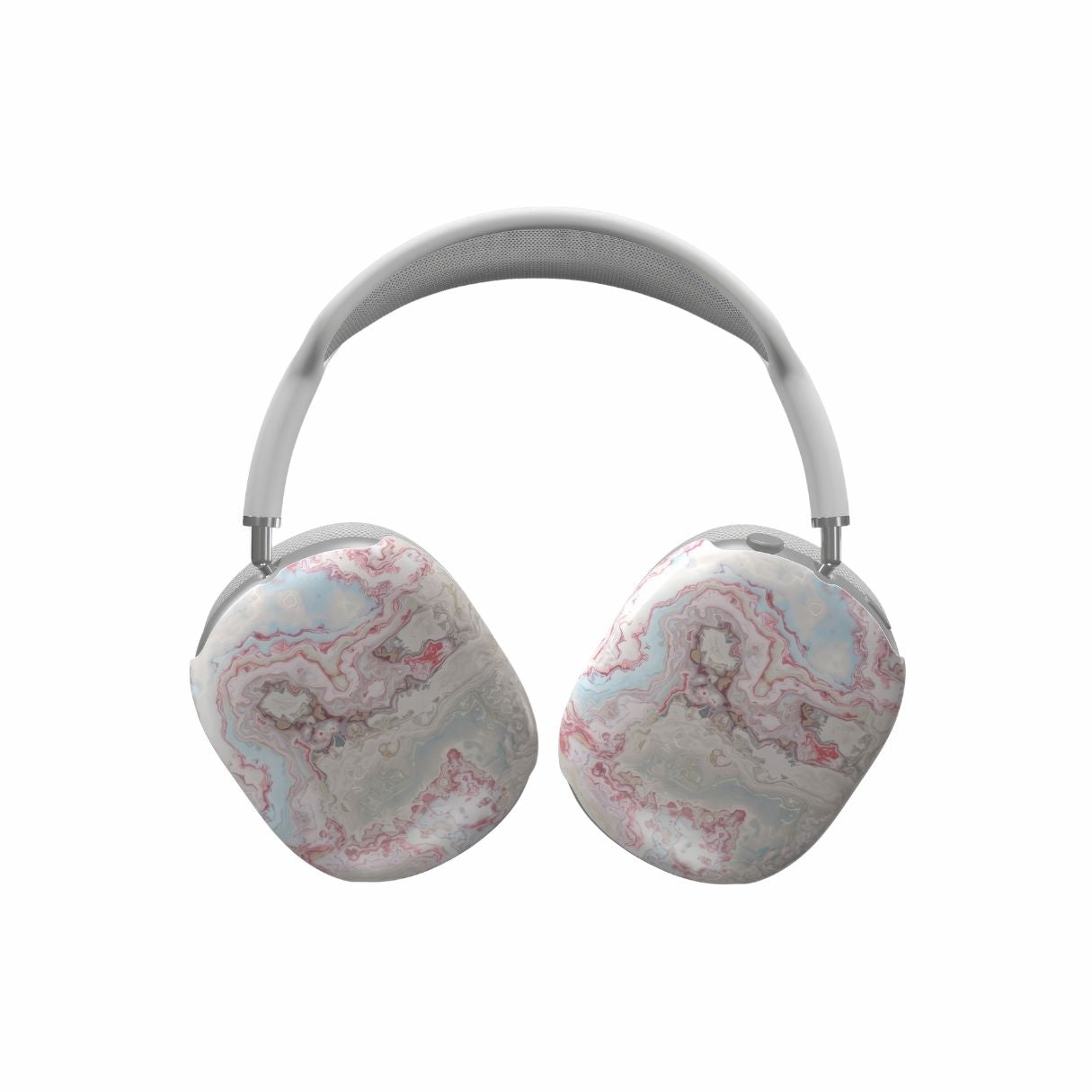 Tough AirPods Max case front view; Divine Blue River pattern, artistic, abstract marble pattern. Light blue and pink color combination. Bold expressive aesthetic design. Colorful and interior fit. Elegant.