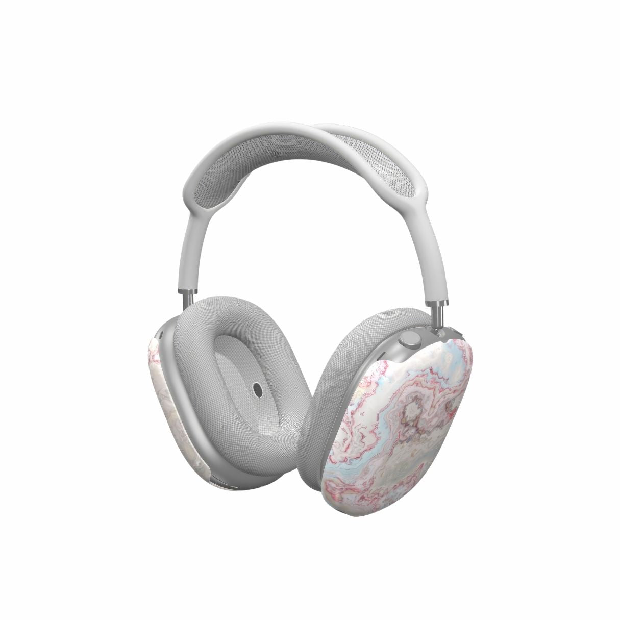 Tough AirPods Max case side view; Divine Blue River pattern, artistic, abstract marble pattern. Light blue and pink color combination. Bold expressive aesthetic design. Colorful and interior fit. Elegant.