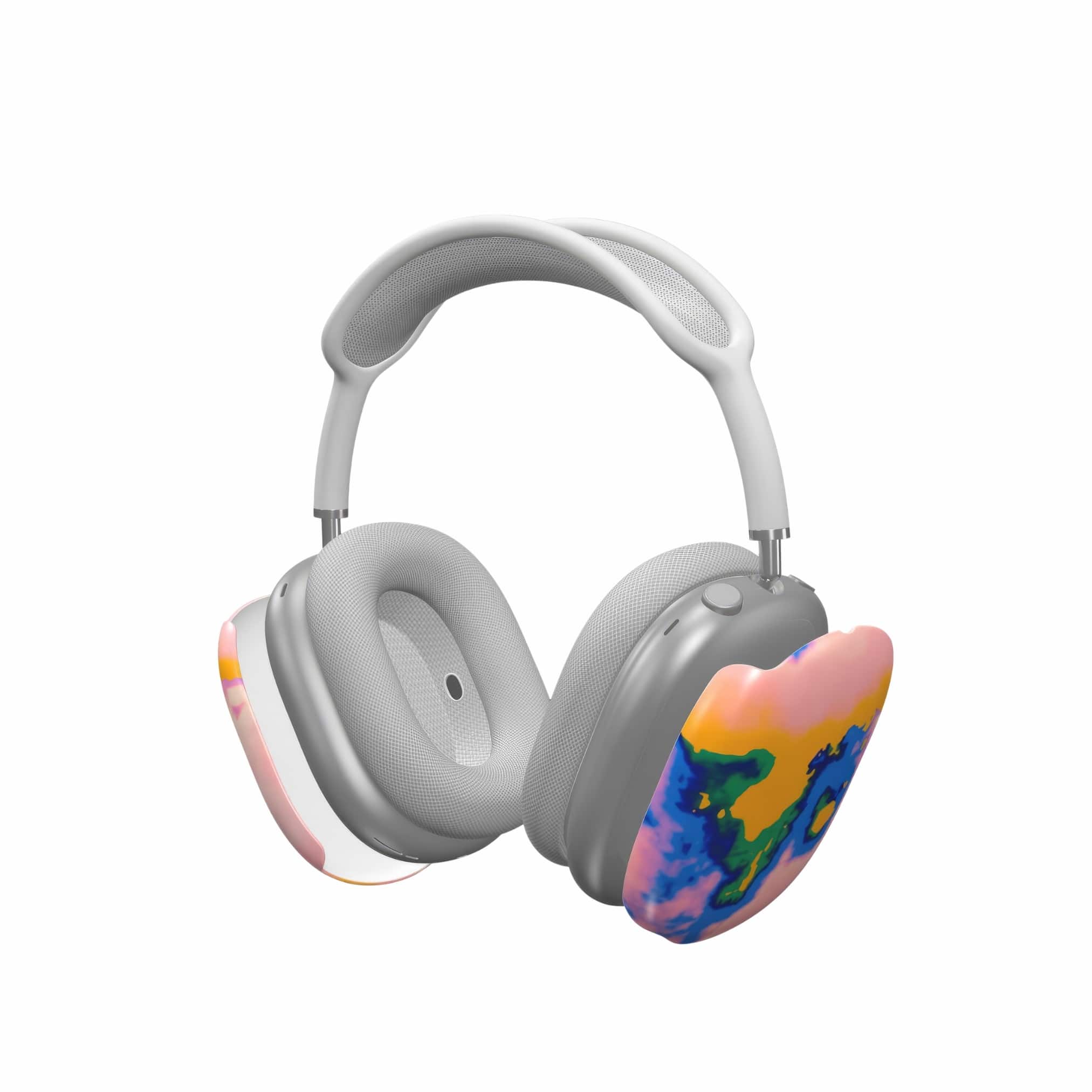 Tough AirPods Max case extend view; Electricity 1 pattern, artistic, abstract marble pattern. Green, orange and blue color combination.