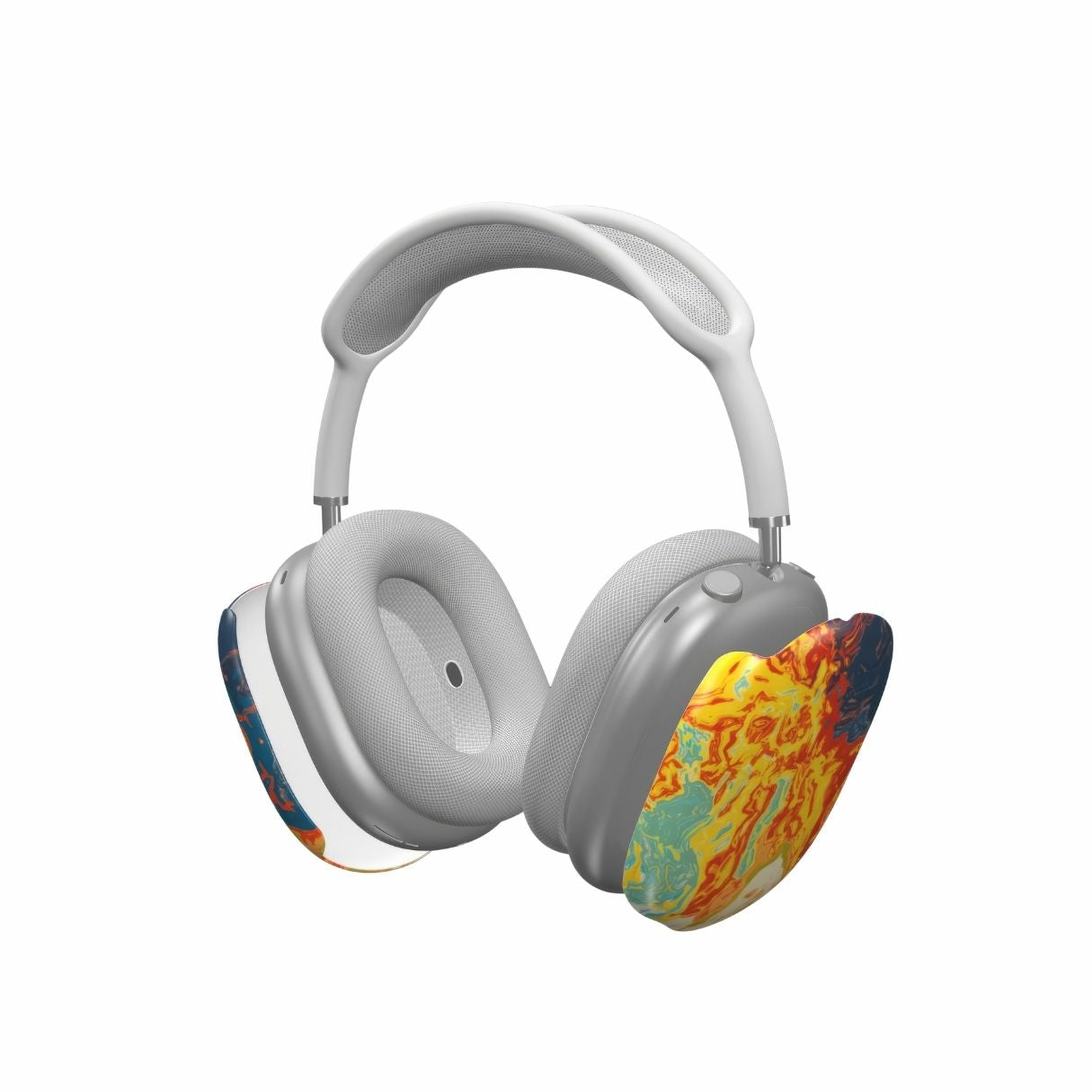 AirPods Max case with a bold vivid pattern in marble abstract and artistic style, featuring an elegant and expressive aesthetic design. Main colors are navy deep blue, rich yellow, red and marine blue. Extend view.