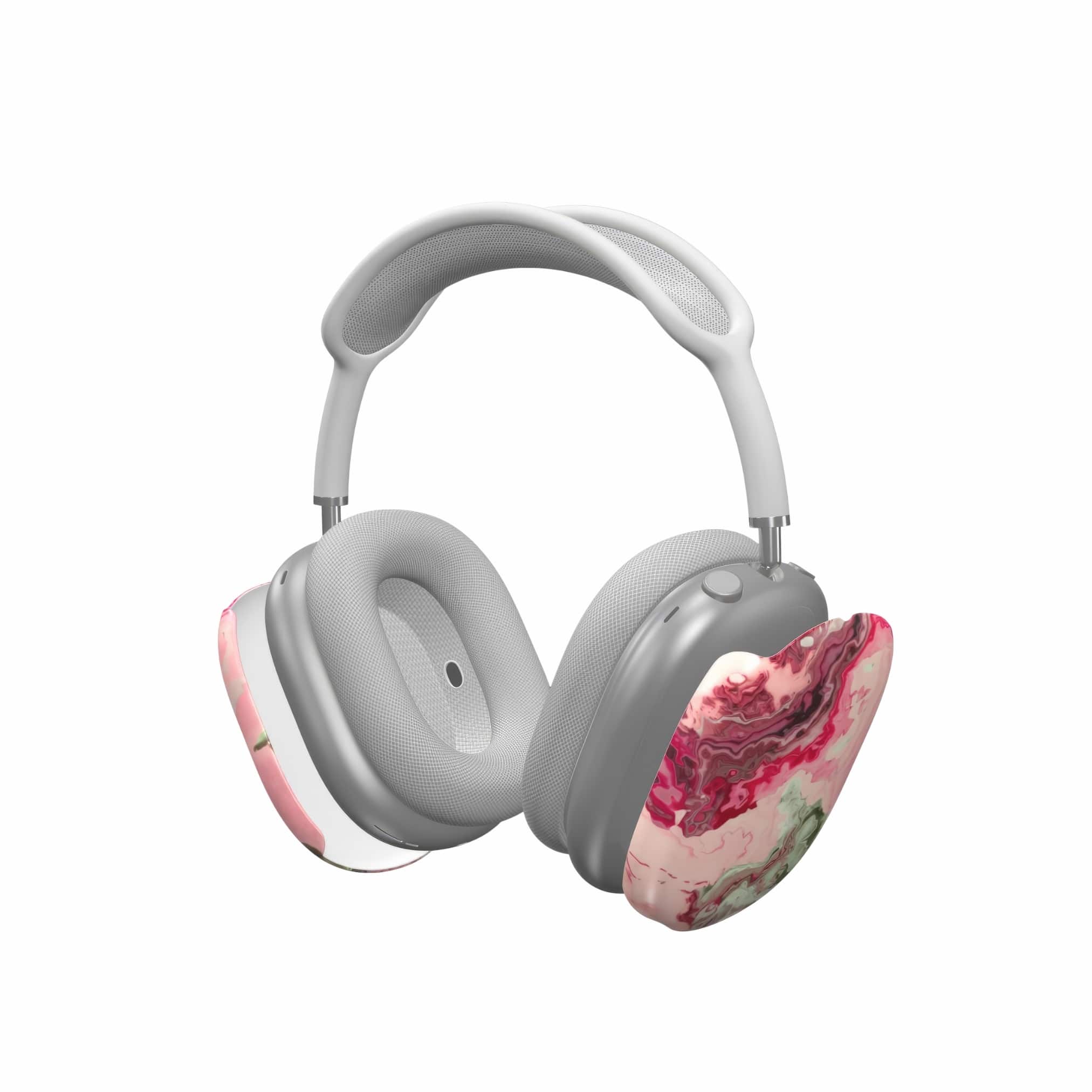 AirPods Max case with a bold vivid pattern Like Flamingo 1 in marble abstract and artistic style, featuring an elegant and expressive aesthetic design. Main colors are pink and green. Extend view.
