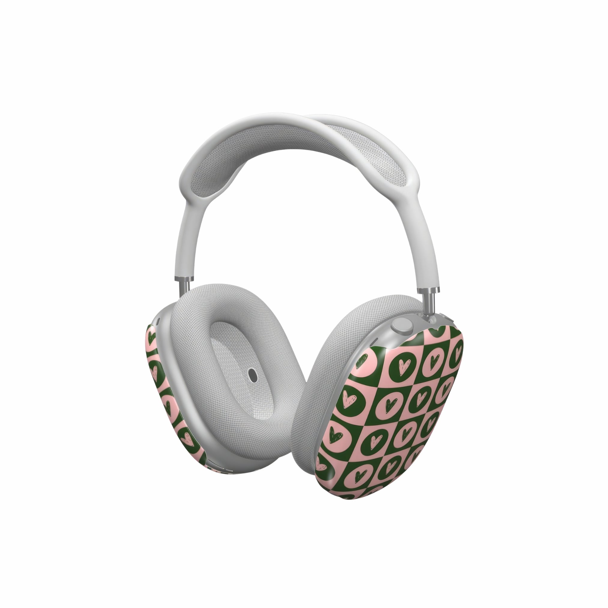 AirPods Max case LovDot Vintage Rose pattern design with a dynamic geometric symmetry in heart and dot style, featuring an elegant and expressive aesthetic design. Main colors are vintage pink and green. Side view.