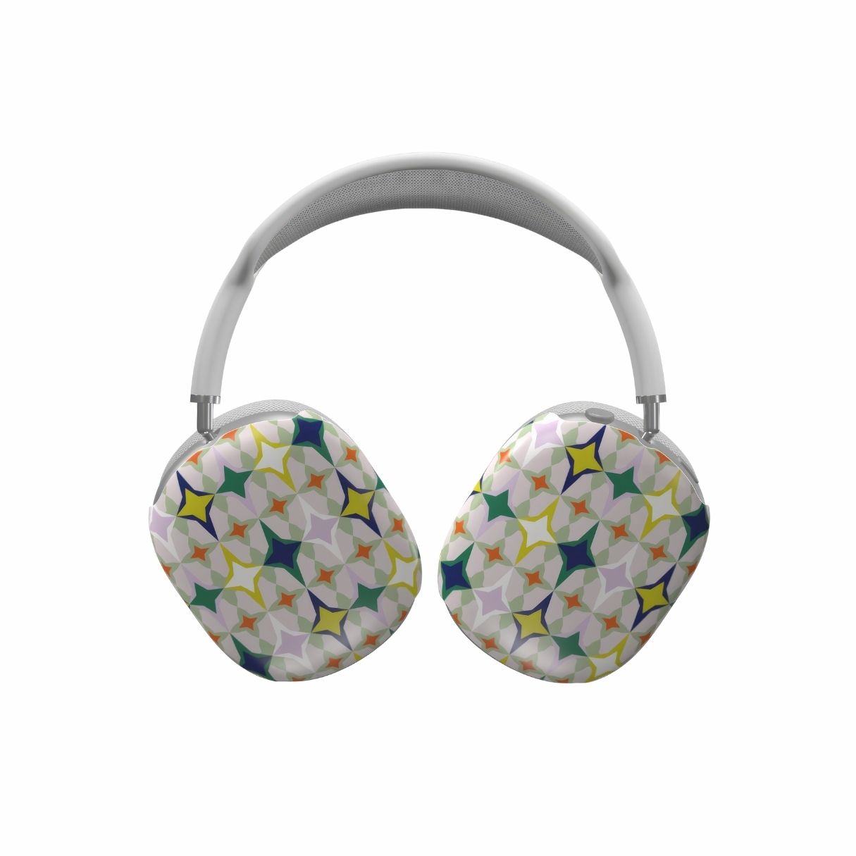 AirPods Max Magic Spring pattern design with a dynamic geometric symmetry in geometric style, featuring an elegant and expressive aesthetic design. Main colors are green, yellow, orange red and deep blue. Front view.