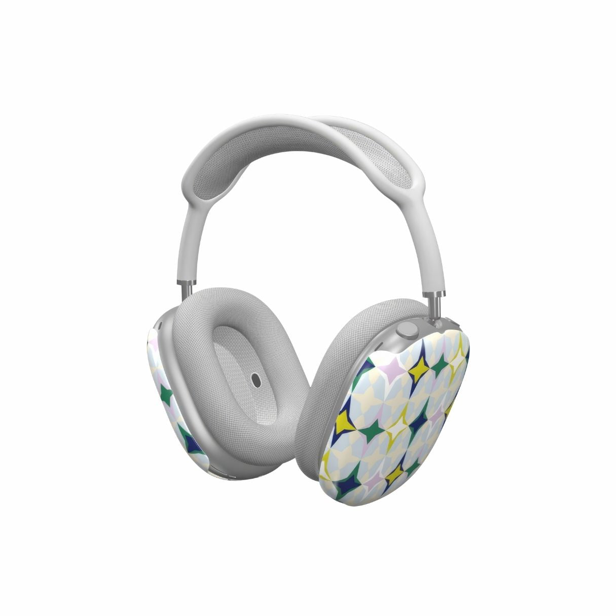 AirPods Max case Magic Winter pattern design with a dynamic geometric symmetry in geometric style, featuring an elegant and expressive aesthetic design. Main colors are divine blue, yellow, green and deep blue. Side view.