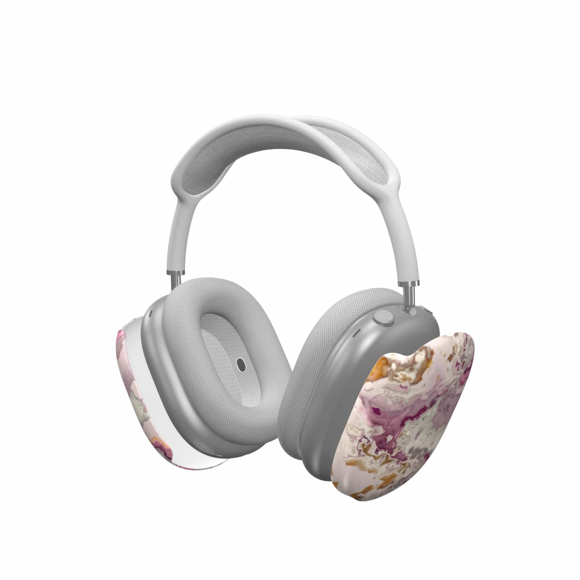 Tough AirPods Max case extend view; Marshmallow 1 pattern, artistic, abstract marble pattern. Pink and beige color combination.