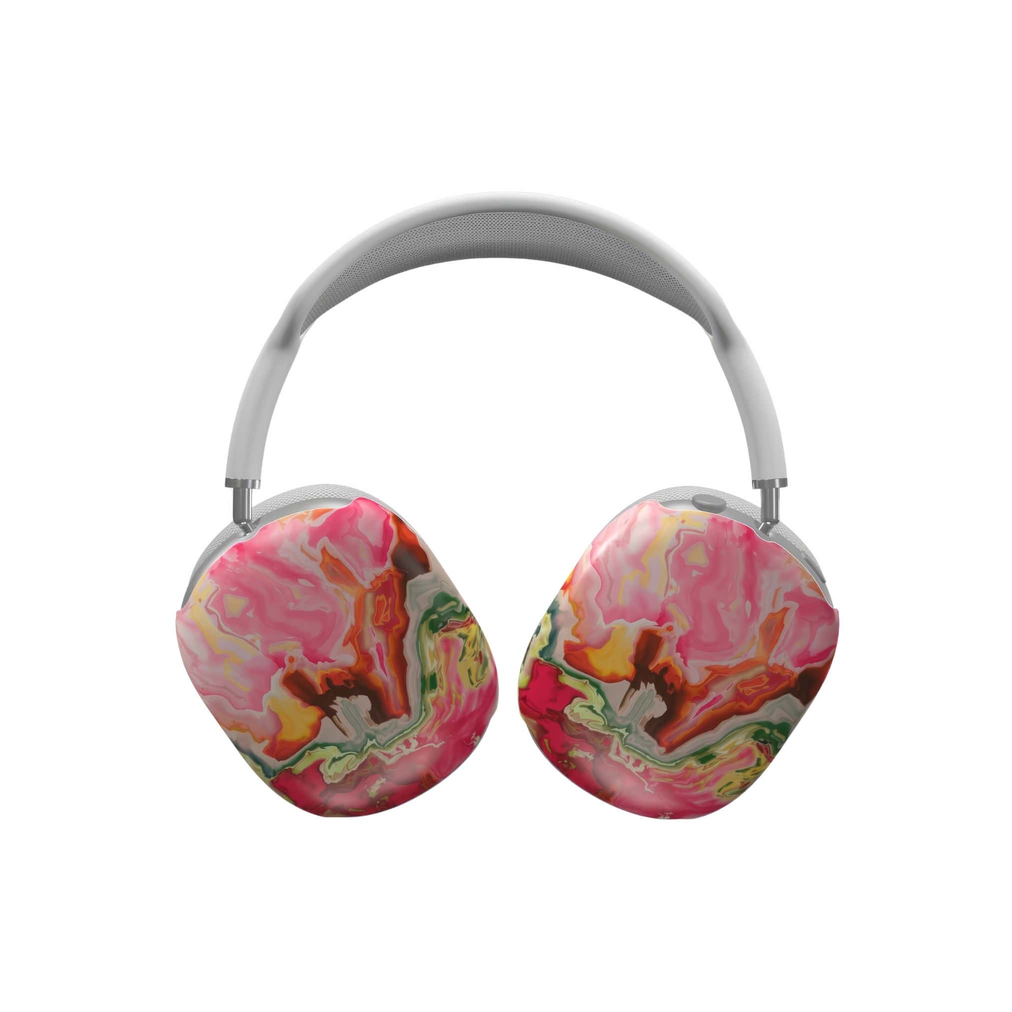 Tough AirPods Max case front view; Neon Pink pattern, artistic, abstract marble pattern. Electric Pink color. Bold expressive aesthetic design. Colorful and interior fit. Elegant.