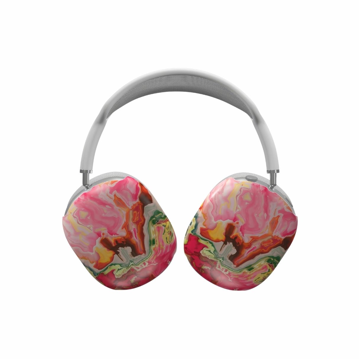Tough AirPods Max case front view; Neon Pink pattern, artistic, abstract marble pattern. Electric Pink color. Bold expressive aesthetic design. Colorful and interior fit. Elegant.