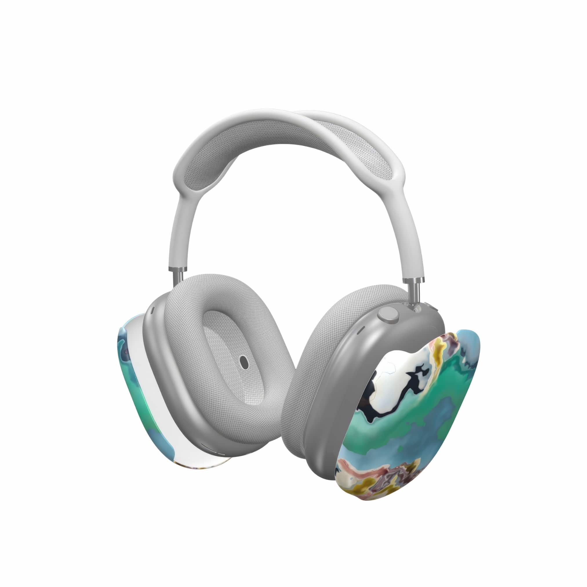 AirPods Max tough case with a bold vivid pattern Oceans Breath 1 in marble abstract and artistic style, featuring an elegant and expressive aesthetic design. Main colors are blue and green. Extend view.