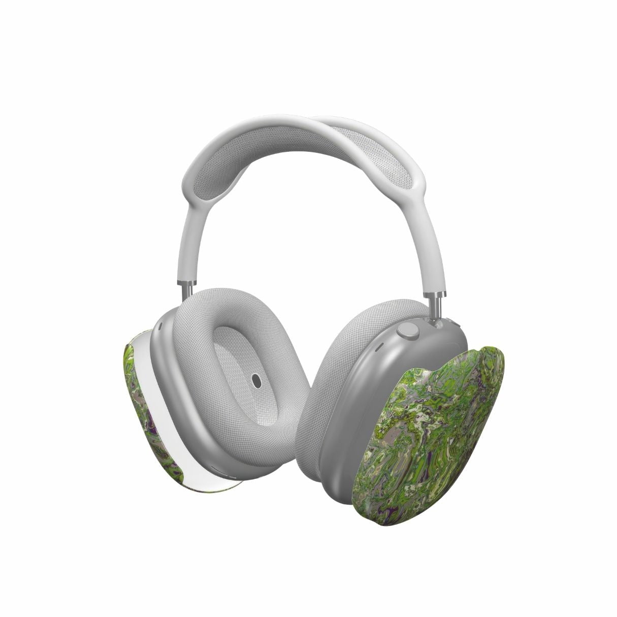 AirPods Max case with a bold vivid pattern Olive Smash abstract and artistic style, featuring an elegant and expressive aesthetic design. Main colors are olive green and purple hues. Extend view.