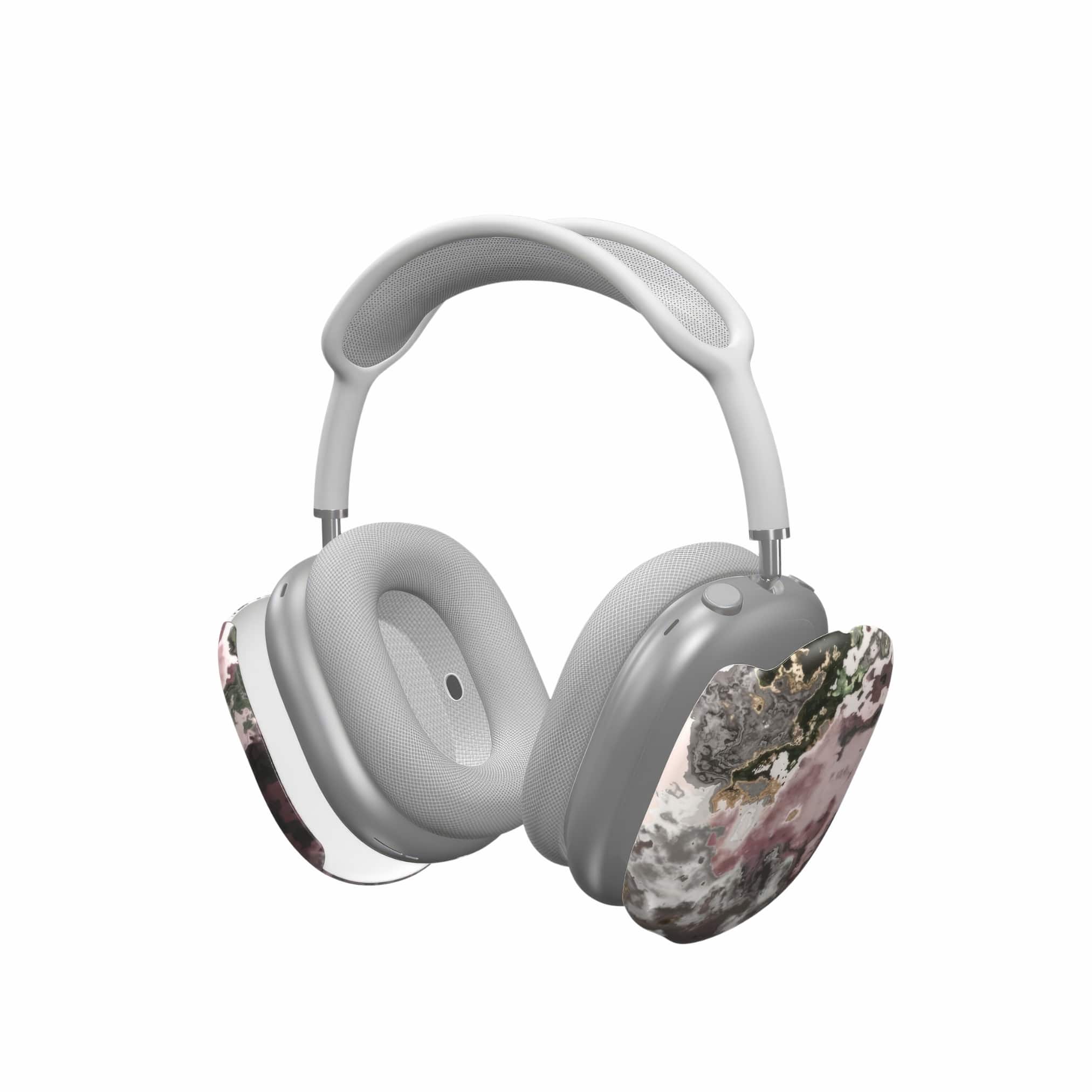 Tough AirPods Max case extend view; Pink Moss 1 pattern, artistic, abstract marble pattern. Pink and grey color combination.