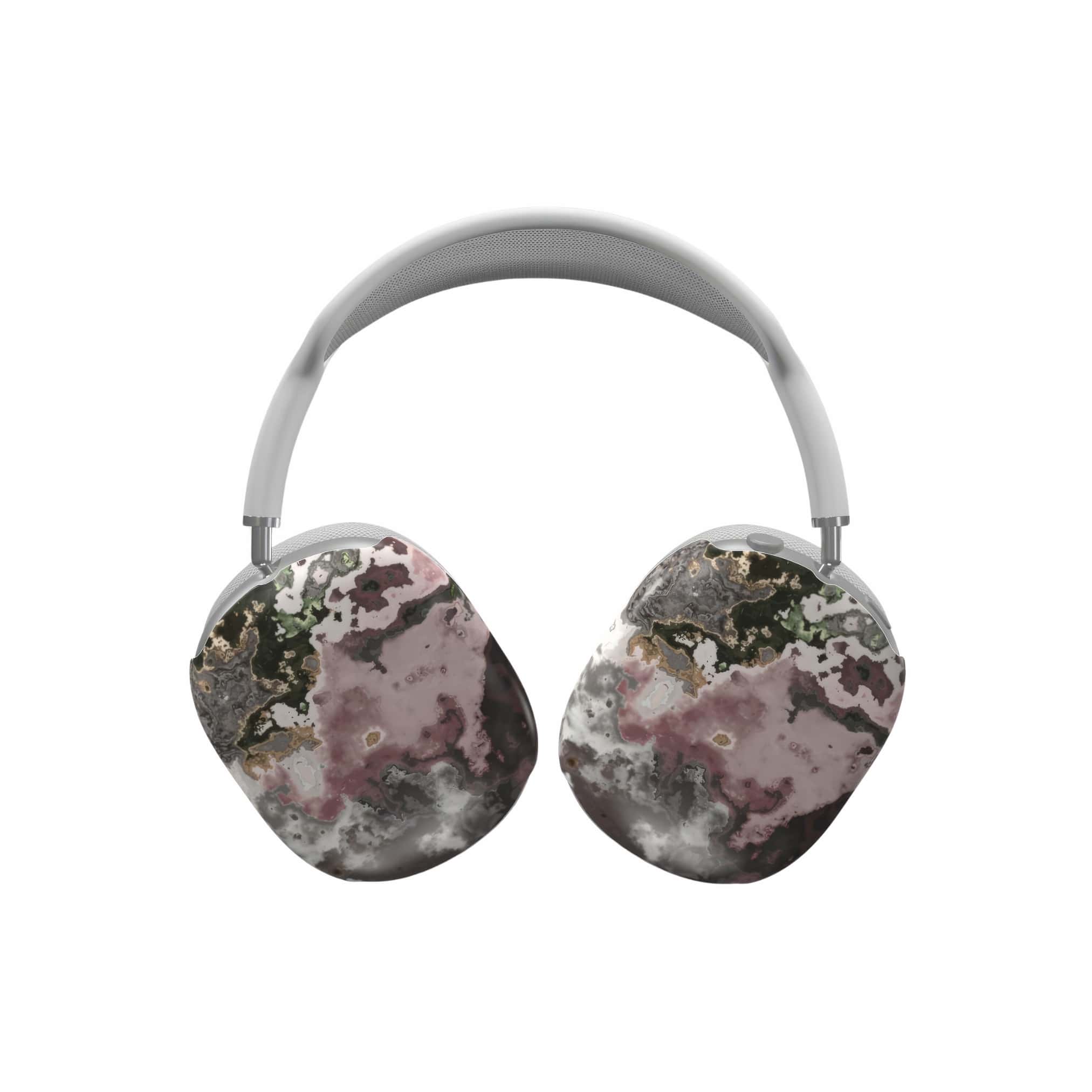 Tough AirPods Max case front view; Pink Moss 1 pattern, artistic, abstract marble pattern. Pink and grey color combination. Bold expressive aesthetic design. Colorful and interior fit. Elegant.