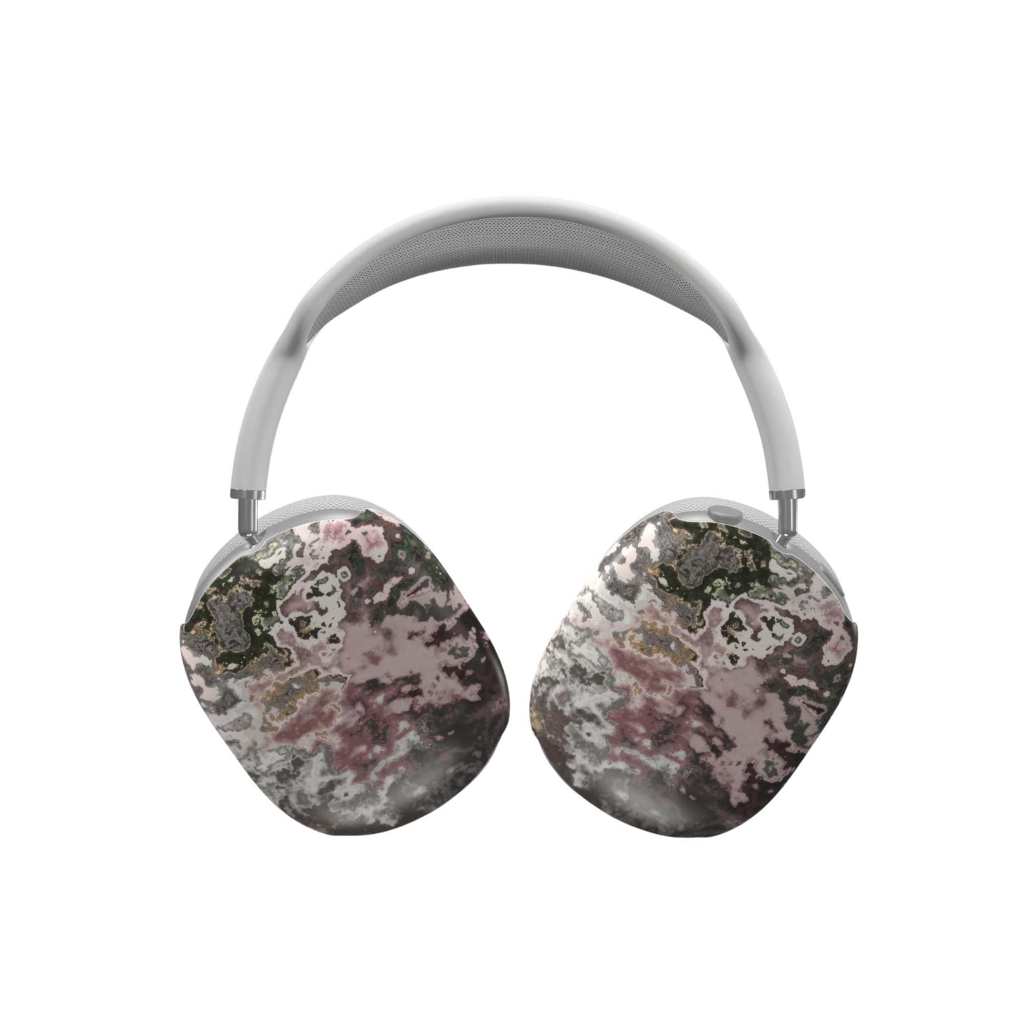 Tough AirPods Max case front view; Pink Moss 2 pattern, artistic, abstract marble pattern. Pink and grey color combination. Bold expressive aesthetic design. Colorful and interior fit. Elegant.